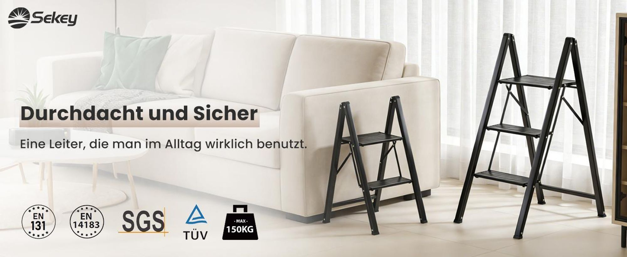 Sekey Aluminium Trittleiter 2 Stufen Klappbar Klappleiter mit breitem Anti-Rutsch-Stufen, Tragbarer Stufenleiter, bis 150 kg