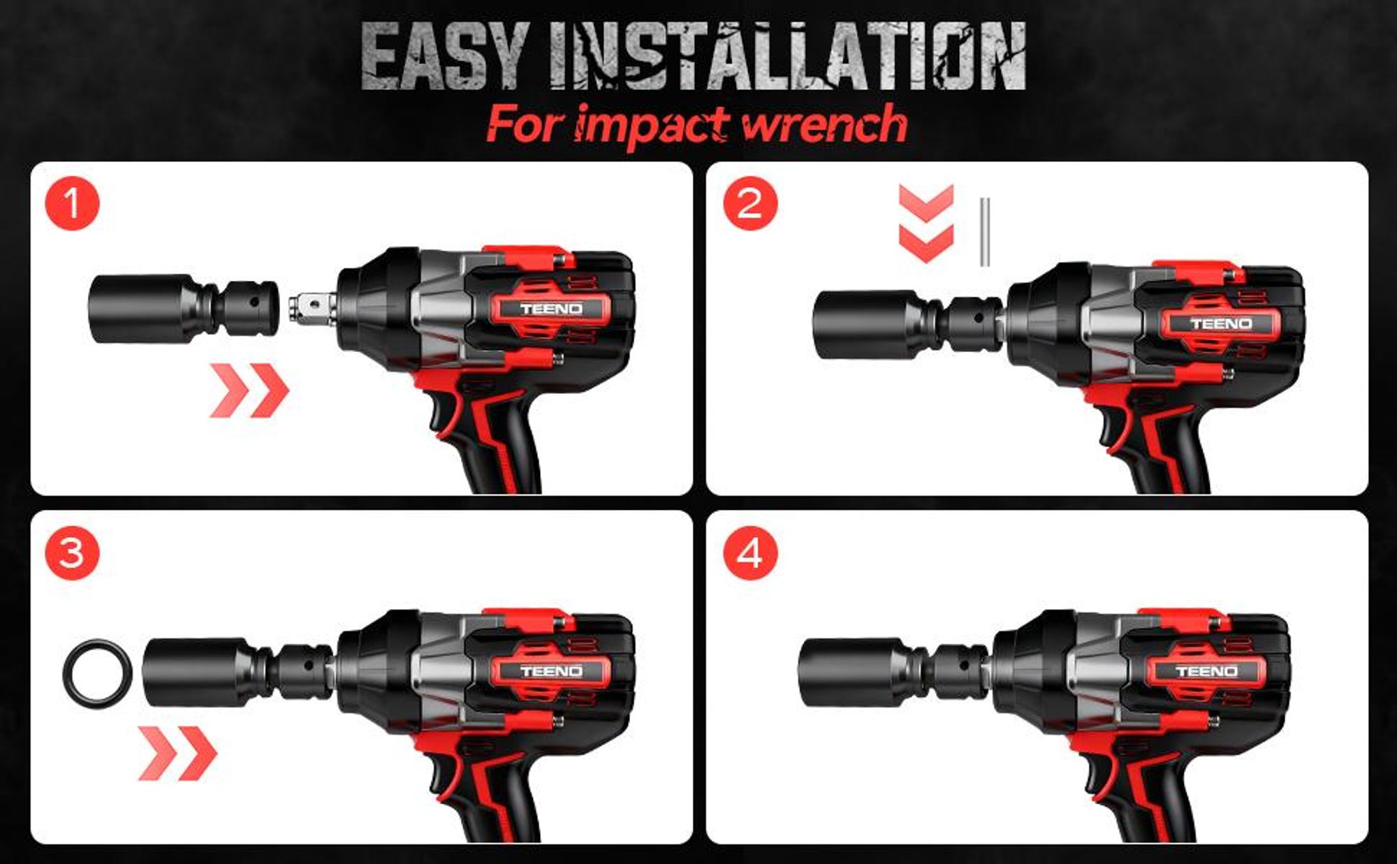 TEENO Akku-Schlagschrauber Brushless 3/4" - 1600N·m, 2x Akkus 4.0Ah + Robuster Transportkoffer, Adapter 3/4"-1/2", Nuss 34mm, für Schwerlastfahrzeuge