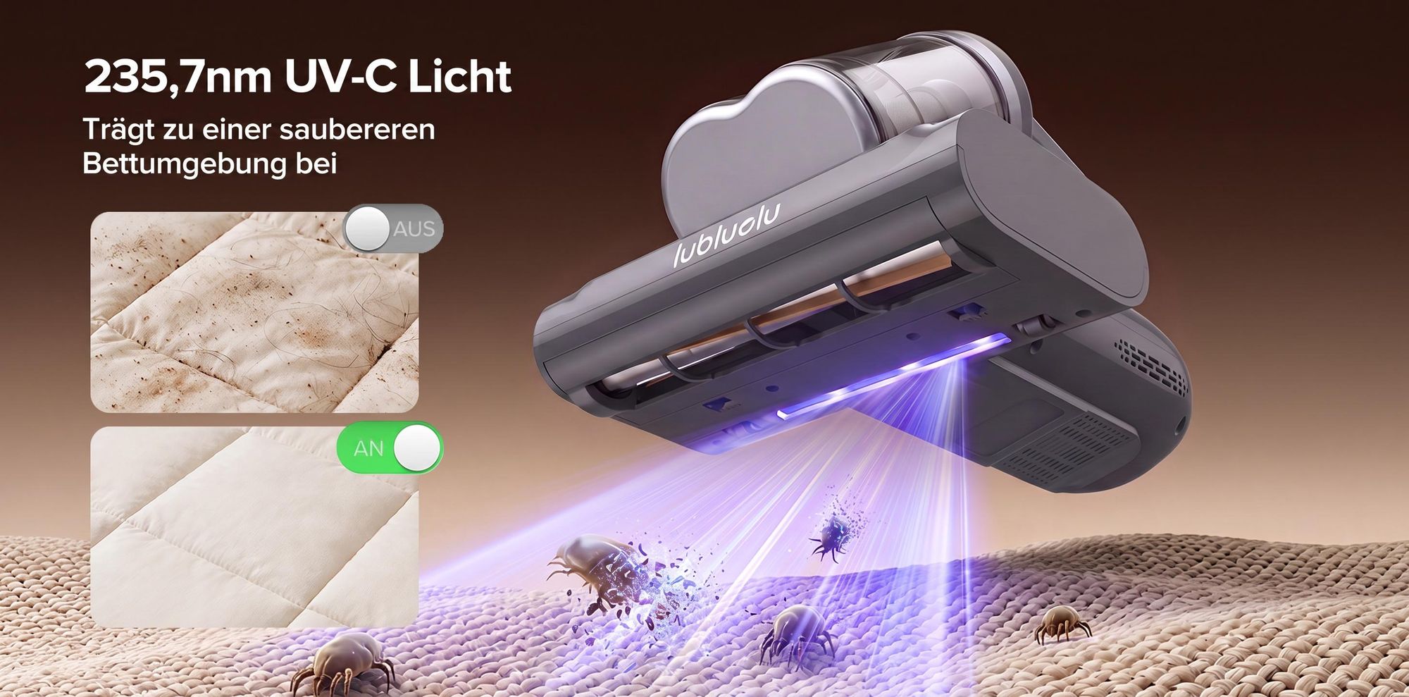 Lubluelu CM210 Kabelloser Milbensauger 15000Pa Matratzenstaubsauger mit UV-C Licht, Ultraschall-Technologie, 55 °C Heißluft Handstaubsauger für Bett