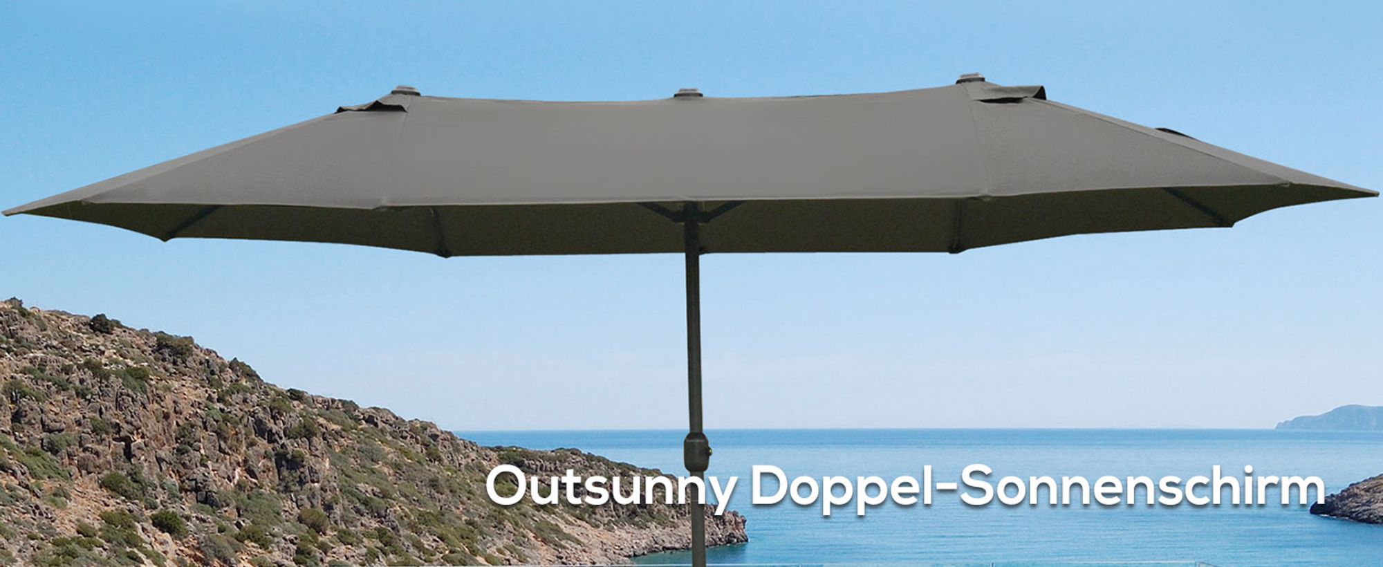 Outsunny Sonnenschirm Gartenschirm Marktschirm Doppelsonnenschirm Terrassenschirm mit Schirmständer Handkurbel Dunkelgrau Oval 460 x 270 x 240 cm