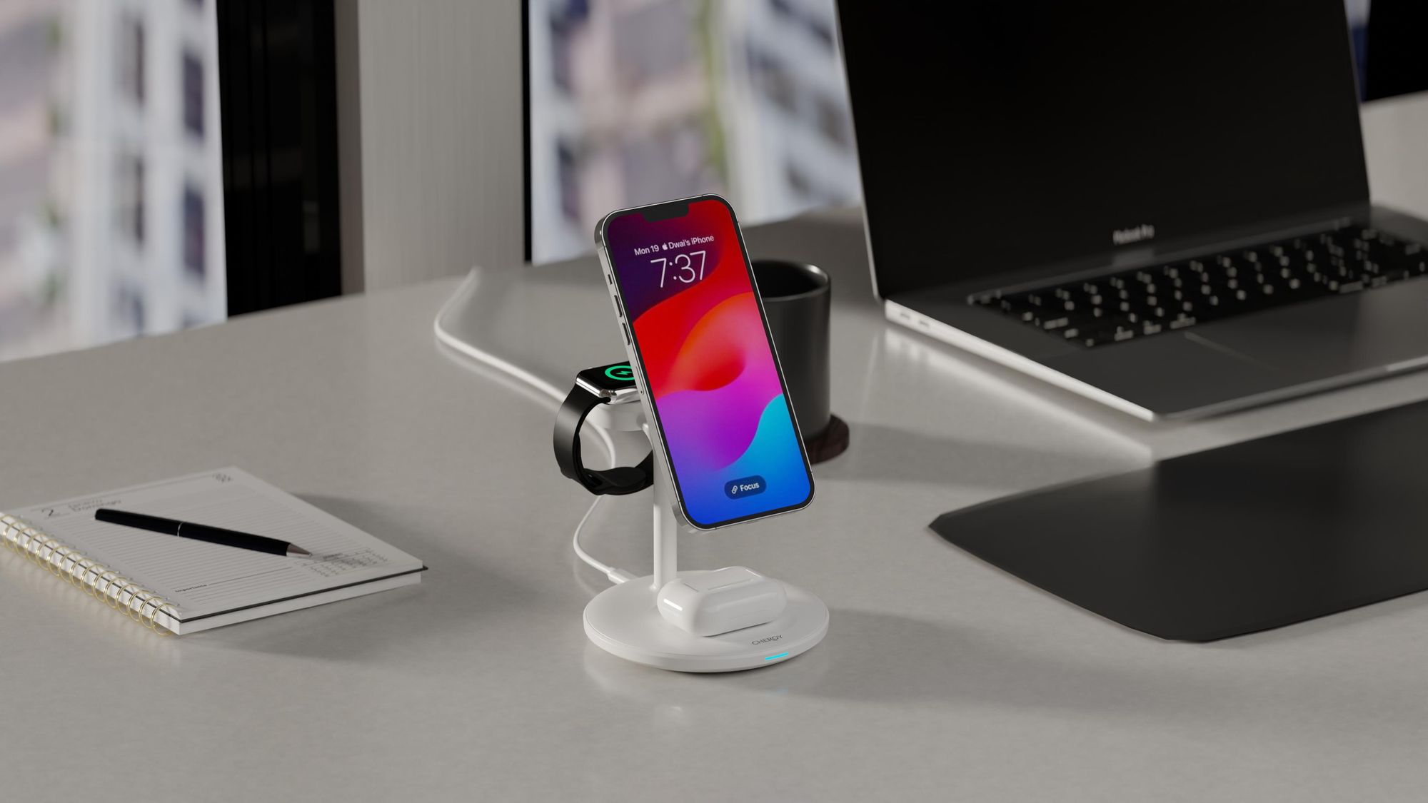 CHEROY PowerTrio 3-in-1 Draadloze Oplader - 15W Qi Oplaadstation - Geschikt voor MagSafe iPhone, Apple Watch, AirPods - Wit