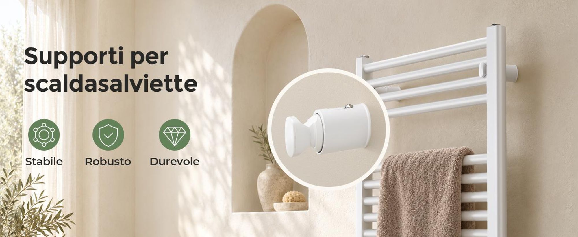 Supporti per scaldasalviette, set da 4, bianchi, per tubi tondi dritti Ø22–25 mm, Interasse 40–45 mm, regolazione 20 mm, portata totale fino, 1 pezzo