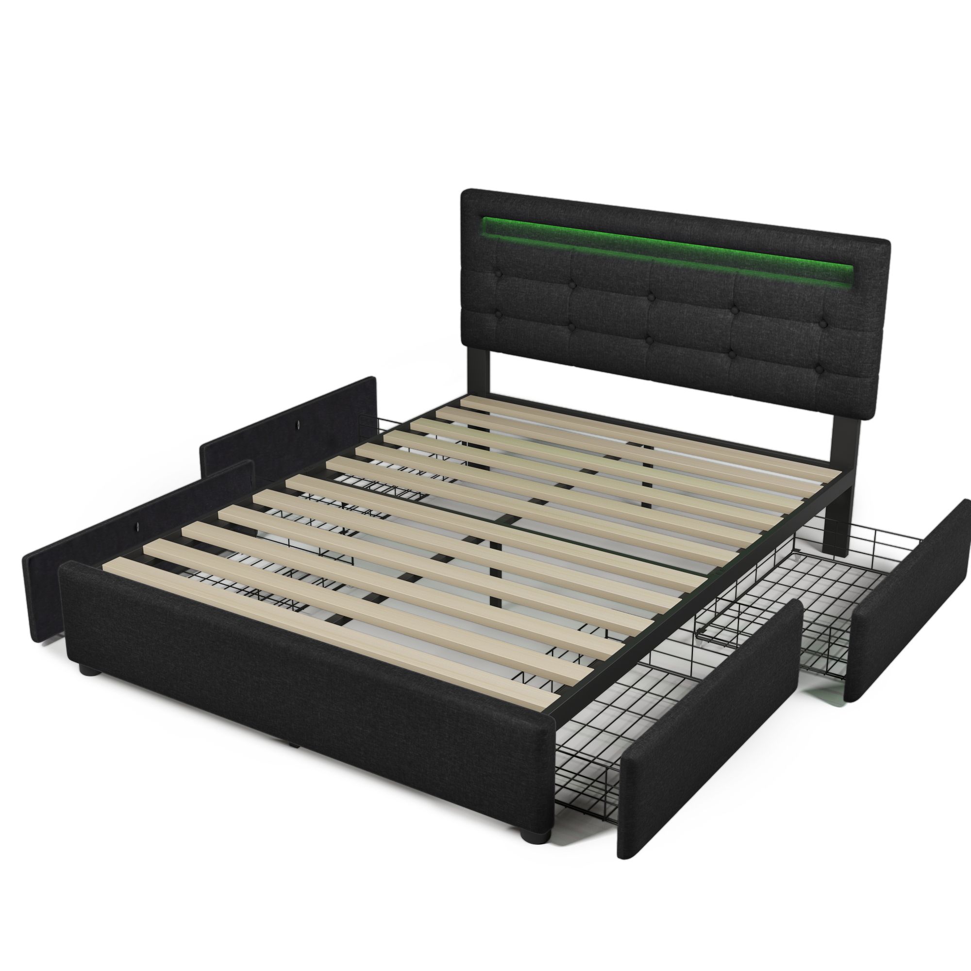 Flieks Polsterbett 140x200cm mit LED und höhenverstellbarem Kopfteil, Doppelbett mit Lattenrost und 4 Schubladen, Stauraumbett Leinen, Grau
