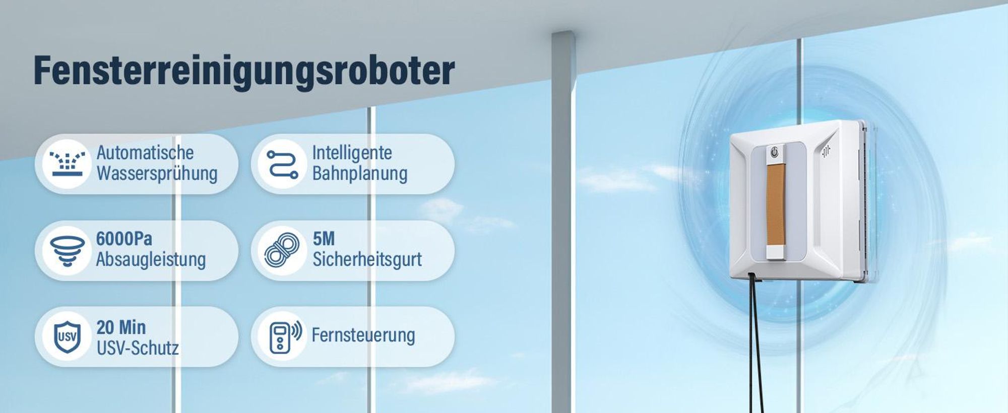 Fensterputzroboter, Fenstersauger, 72W 6000Pa Fensterputzer, 3 Reinigungsmodi, Intelligenter Wegplanung, Kantenerkennung, für Innen und Außenbereich