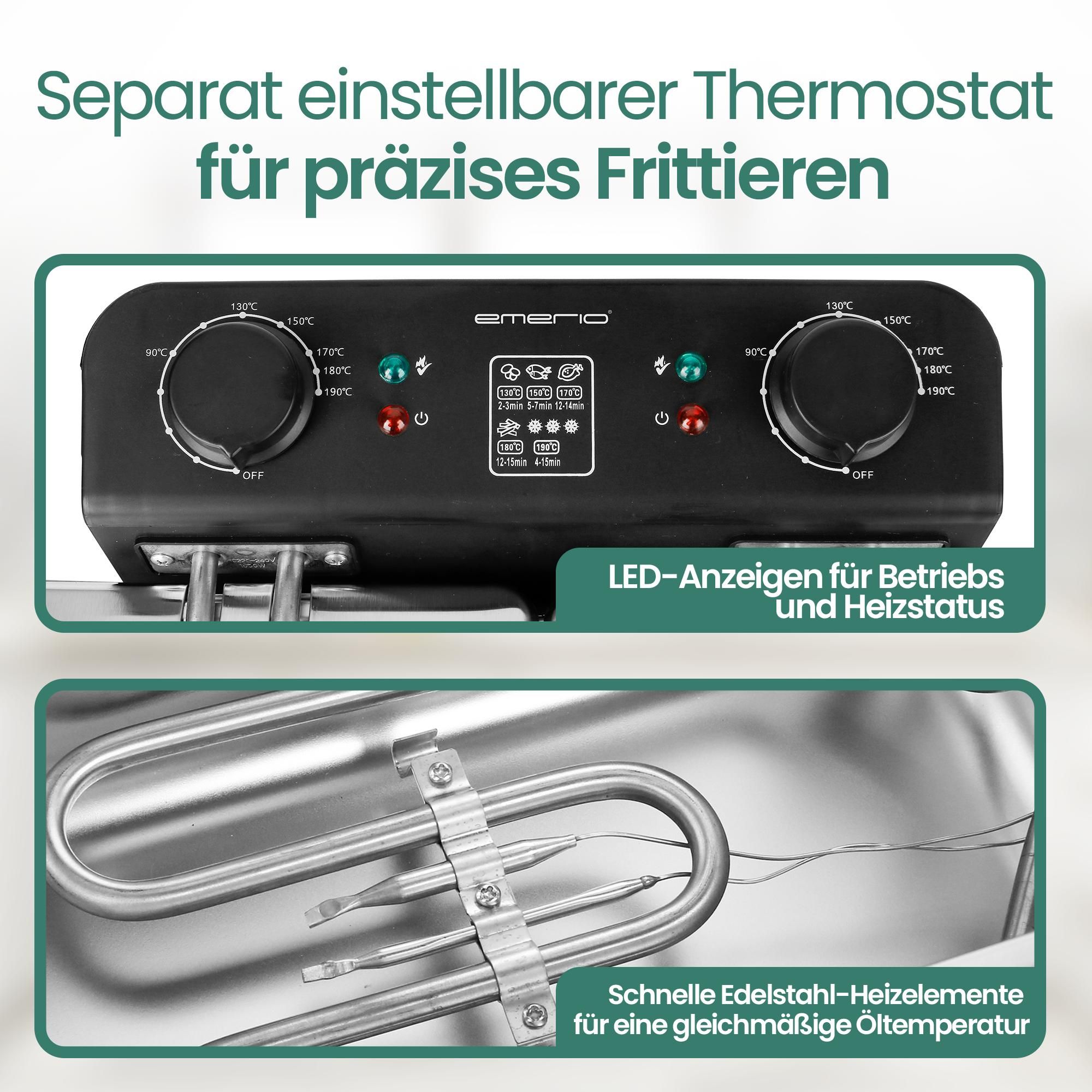 Emerio Doppel-Fritteuse – 2 × 3 Liter – Regelbarer Thermostat – Kaltzone – Edelstahl – DF-120485