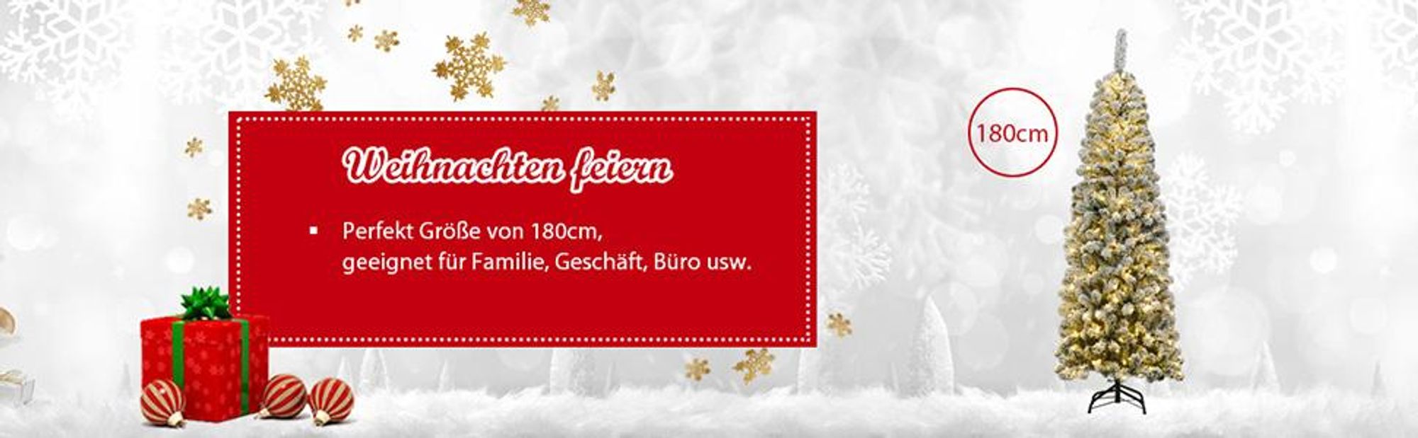 COSTWAY Bleistift Weihnachtsbaum 180cm, künstlicher Tannenbaum 500 PVC Nadeln mit Schnee, Christbaum Kunstbaum mit 250 warmweißen LEDs & Metallständer