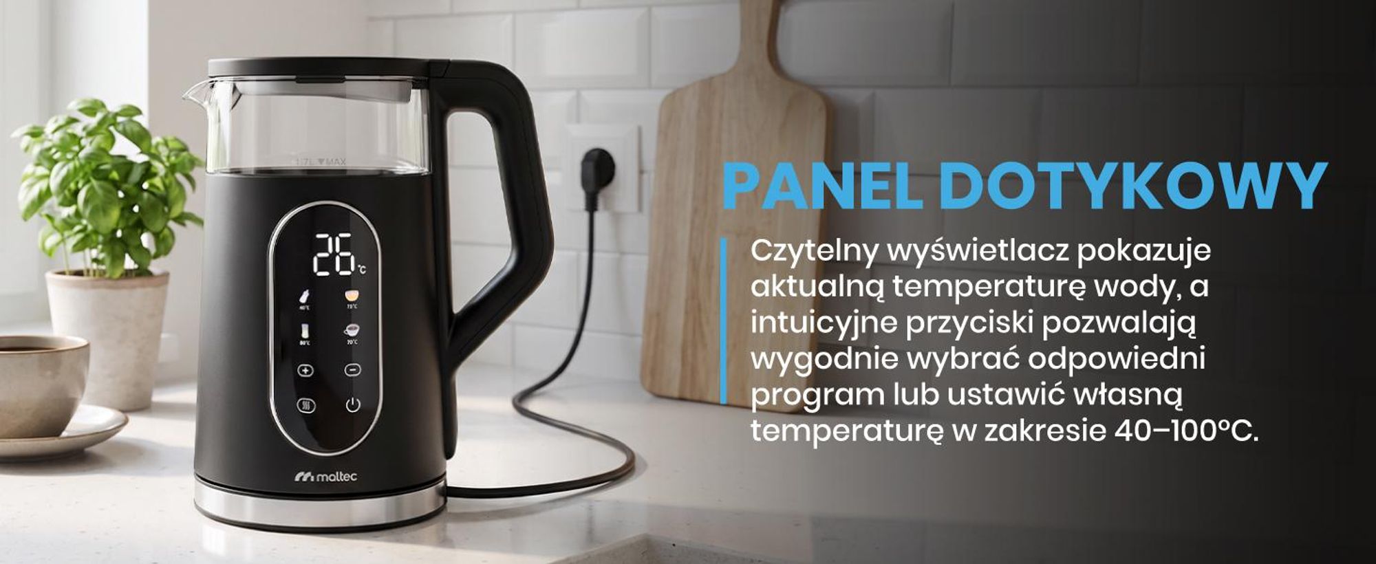 Czarny czajnik elektryczny o pojemności 1700 ml z regulacją temperatury 40-100 stopni mocy 2200W