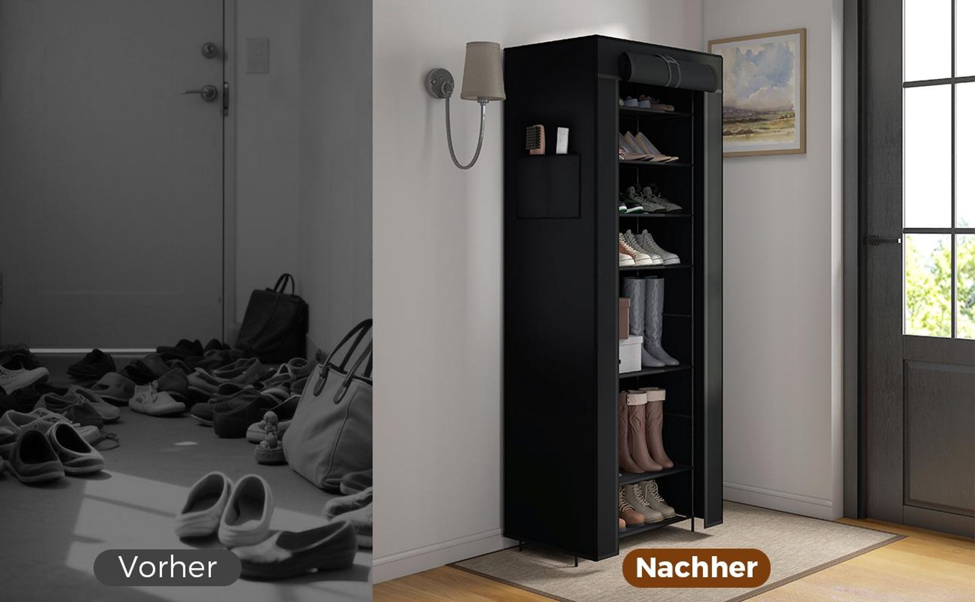 Schuhschrank mit 9 Ebenen, Vliesstoff Schuhaufbewahrung, Schuhständer Platzsparend, Schuhregal für Flur Schlafzimmer Kleiderschrank, Breite 58 cm