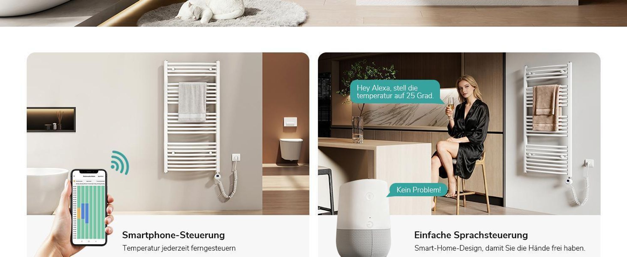 EMKE Elektrisch Handtuchwärmer 75X60cm 300W Weiß gebogen Badheizkörper Wifi Steurung Intelligent Thermostat Handtuchheizkörper