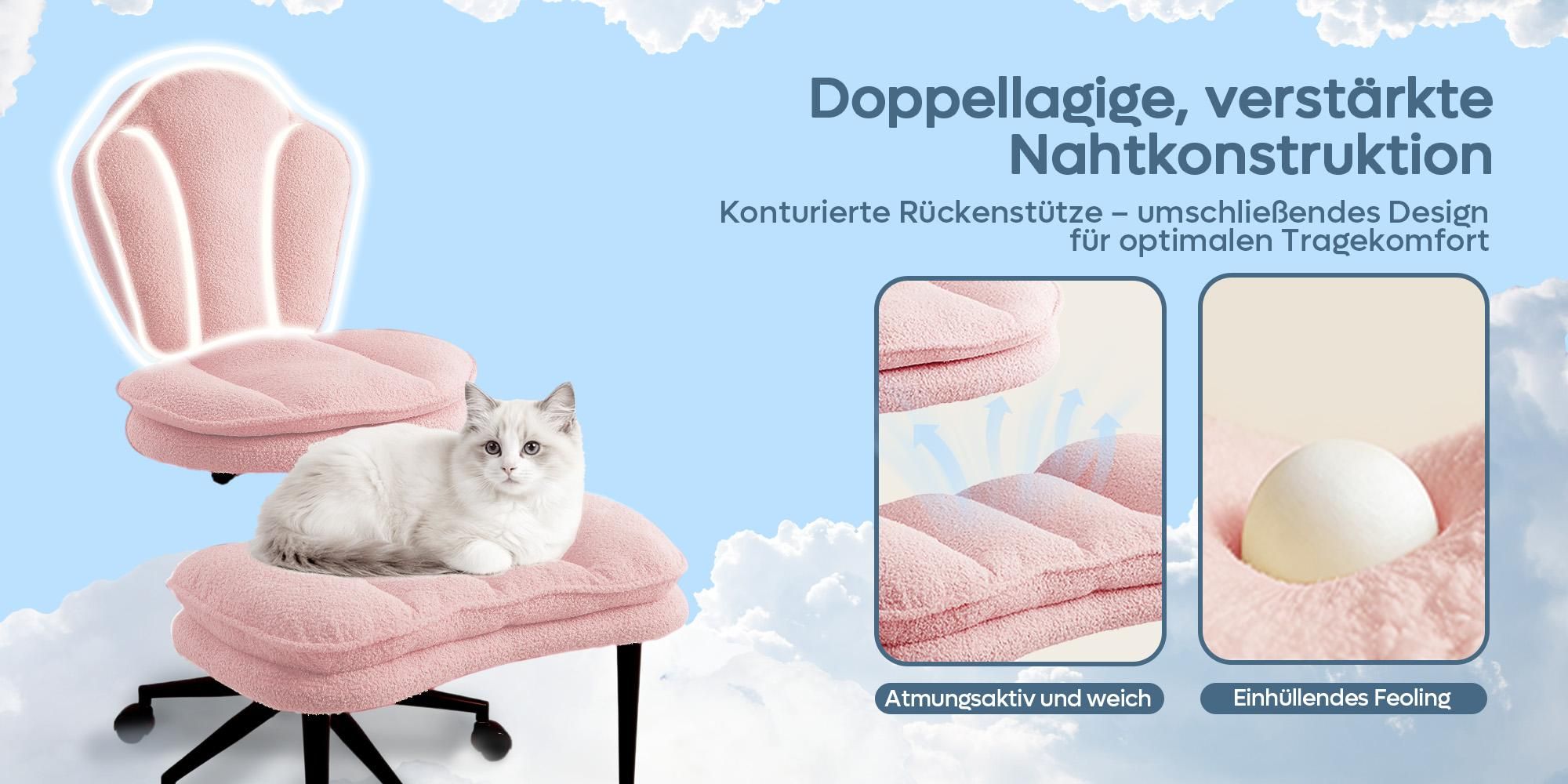 Bürostuhl Ergonomisch, Meditationsstuhl ergonomisch mit Rädern & Lordosenstütze, ADHS-Stuhl, Schreibtischstuhl Computerstuhl Chefsessel, Rosa