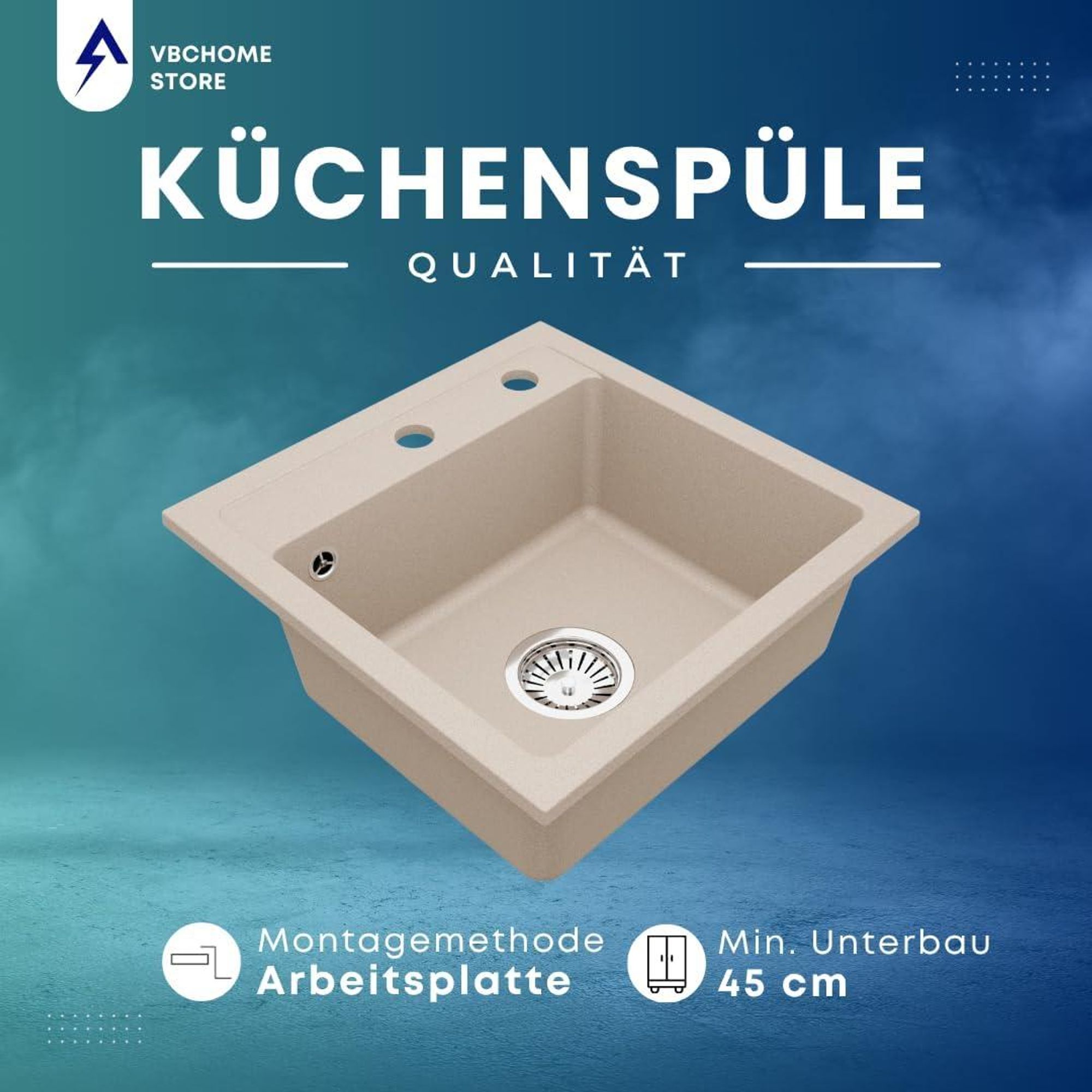 VBChome Granitspüle 44 x 44 cm Beige mit flexibler Armatur Einzelbecken Einbauspüle Gesprenkelt Pflegeleichtes Spülbecken mit Siphon