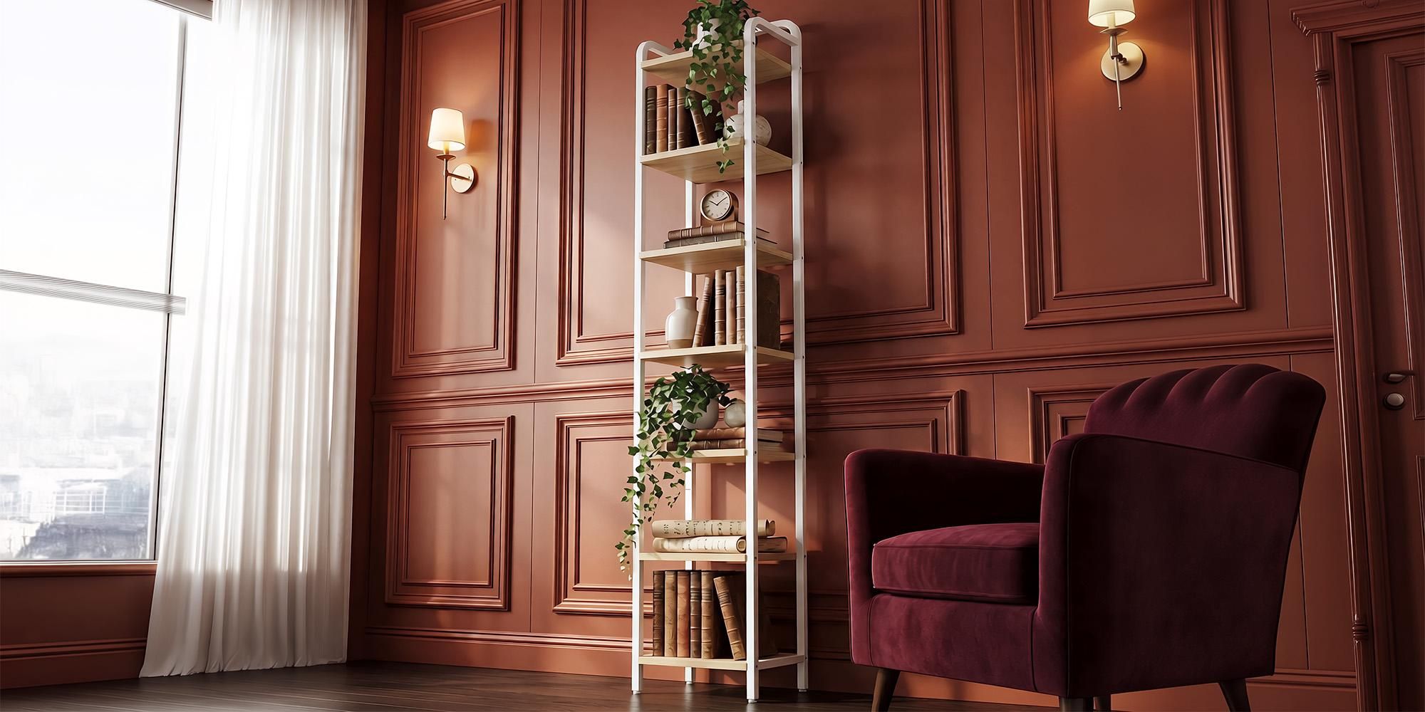 Schmales Regal 7 Ebenen, 30 x 33 x 195,5 cm, Weißeiche-Weiß | Bücherregal, Standregal, Eckregal, für Büro Wohnzimmer Schlafzimmer Küche