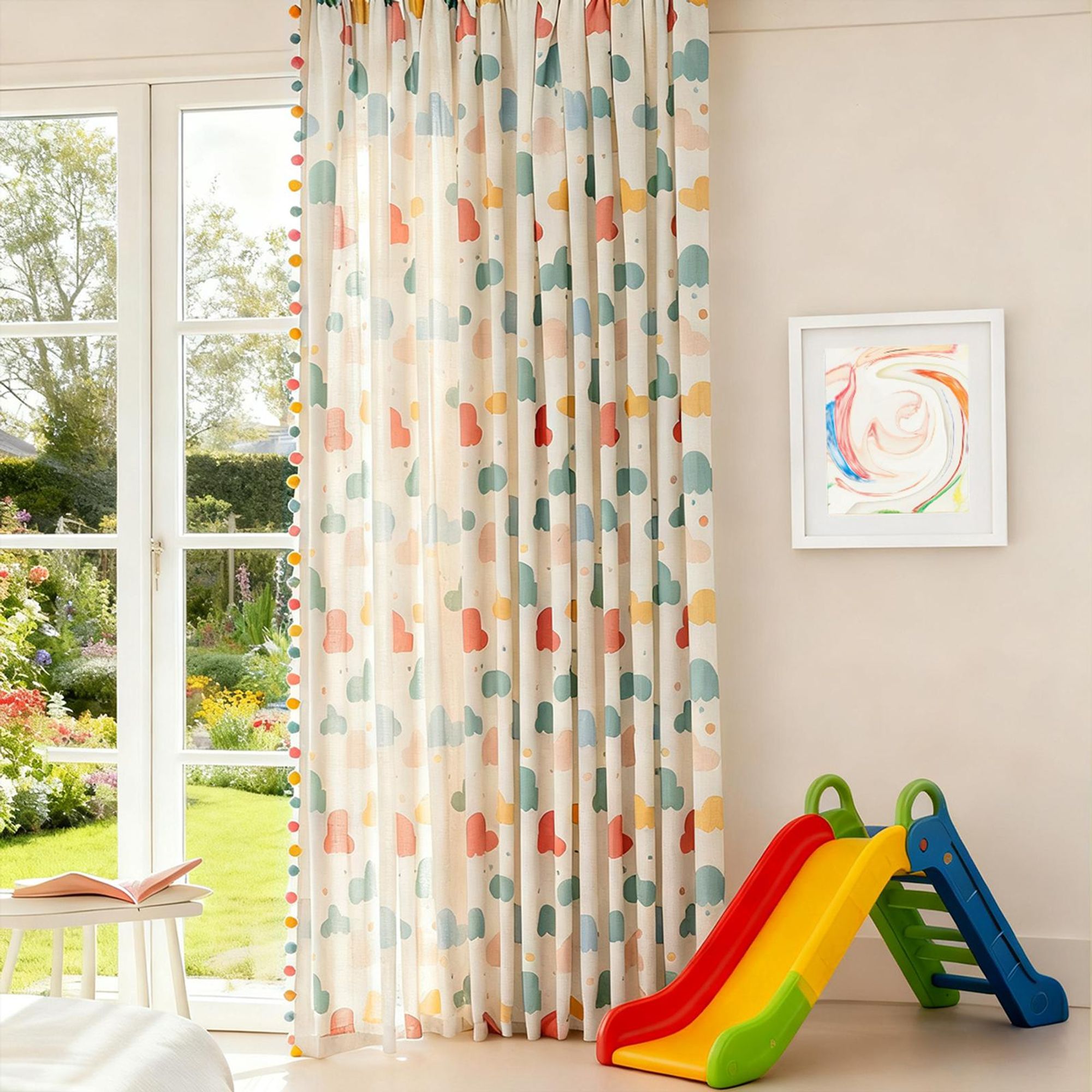 Vorhänge Kinderzimmer 2er Set Kräuselband Bunt Vorhang mit Pompons Leinenoptik 150GSM Sichtschutz Blickdicht Wolken Dekoschal Baby Mädchen 132x215cm