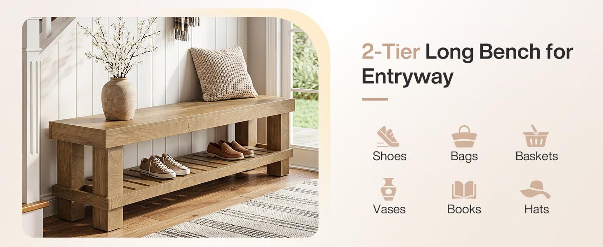 Tribesigns 160 cm Eingangsbereich, Essbank mit Lattenregal, Landhaus-Holzbank für den Innenbereich mit Stauraum, Flur, Garderobe, Wohnzimmer