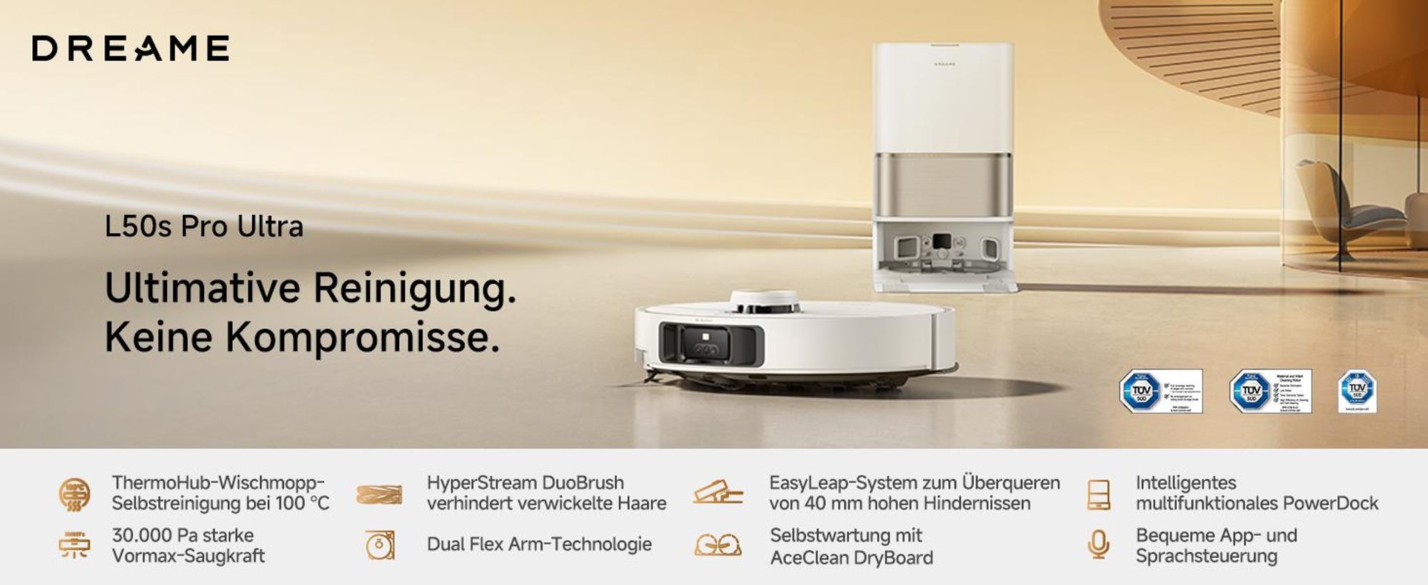Dreame L50s Pro Ultra Saugroboter mit Wischfunktion,30KPa Saugkraft,100-tägige Selbstreinigung,Hitzereinigung,Eckreinigung und Entwirrungsbürste,Weiß