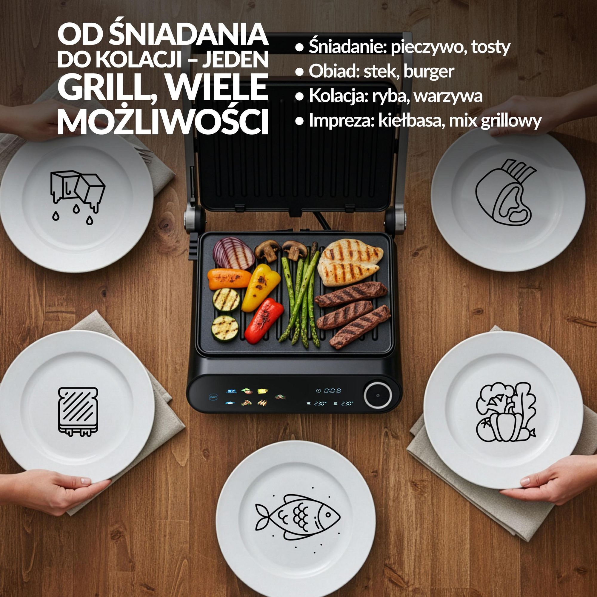 Grill elektryczny LEHMANN ROTTI, opiekacz do Panini, tostów, steków 2200W + programator czasu i temperatury 90 - 230℃, rozkładany, Lehmann LHOEG-2229