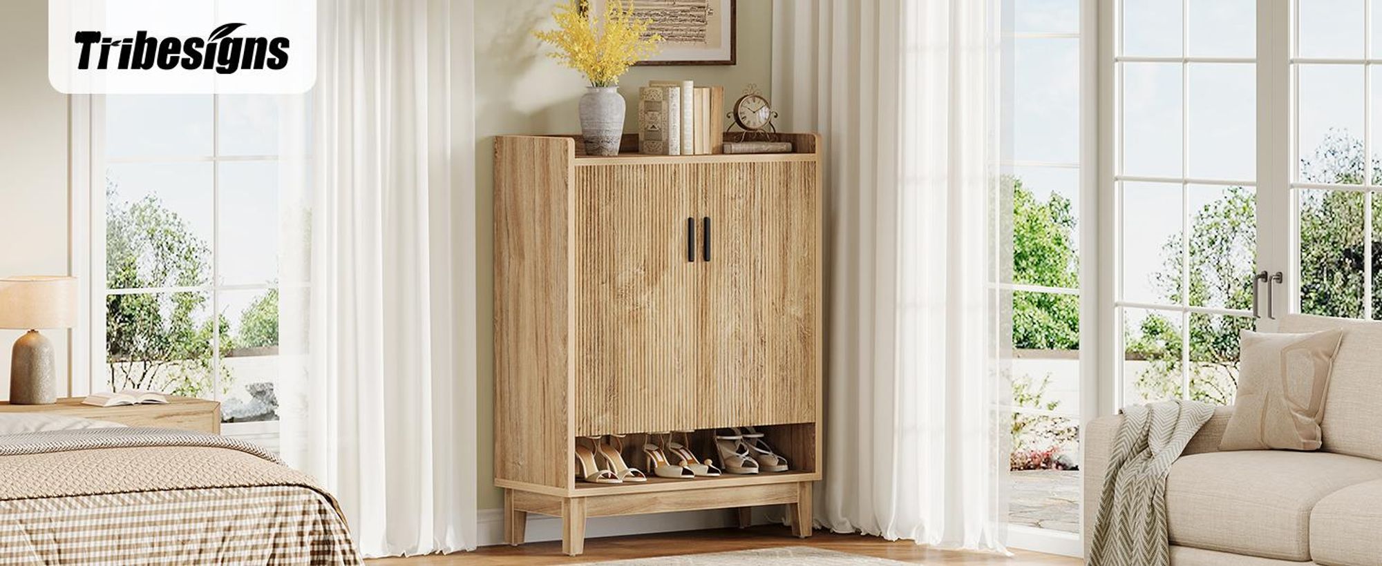 Tribesigns Schuhschrank mit Türen, für 20 Paar Schuhe im Eingangsbereich, Schuh-Organizer im Landhausstil, 110 cm hoch, Flur, Schrank, Holzfarbe