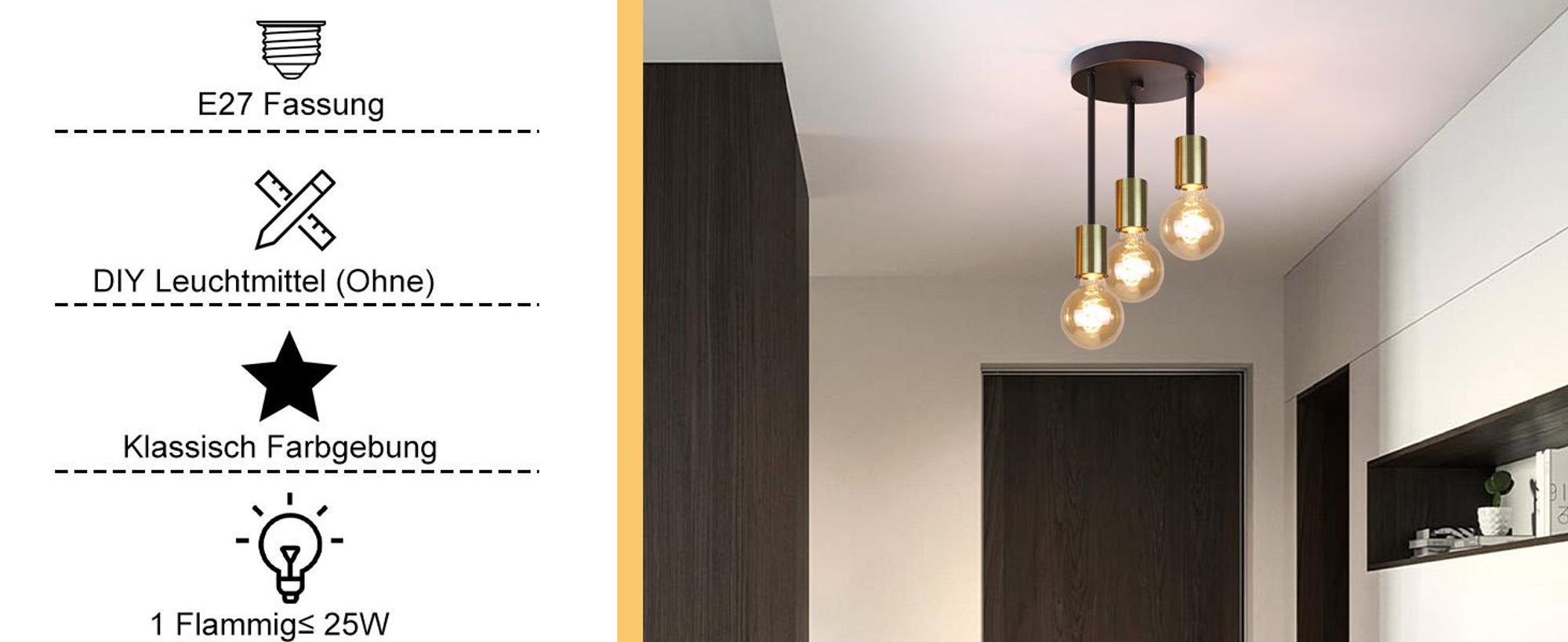 ZMH Deckenleuchte 3 Flammig Deckenstrahler Vintage Deckenlampe E27 Schwarz Gold 3 Spots Industrial Deckenspots für Esszimmer Küche Flur Wohnzimmer