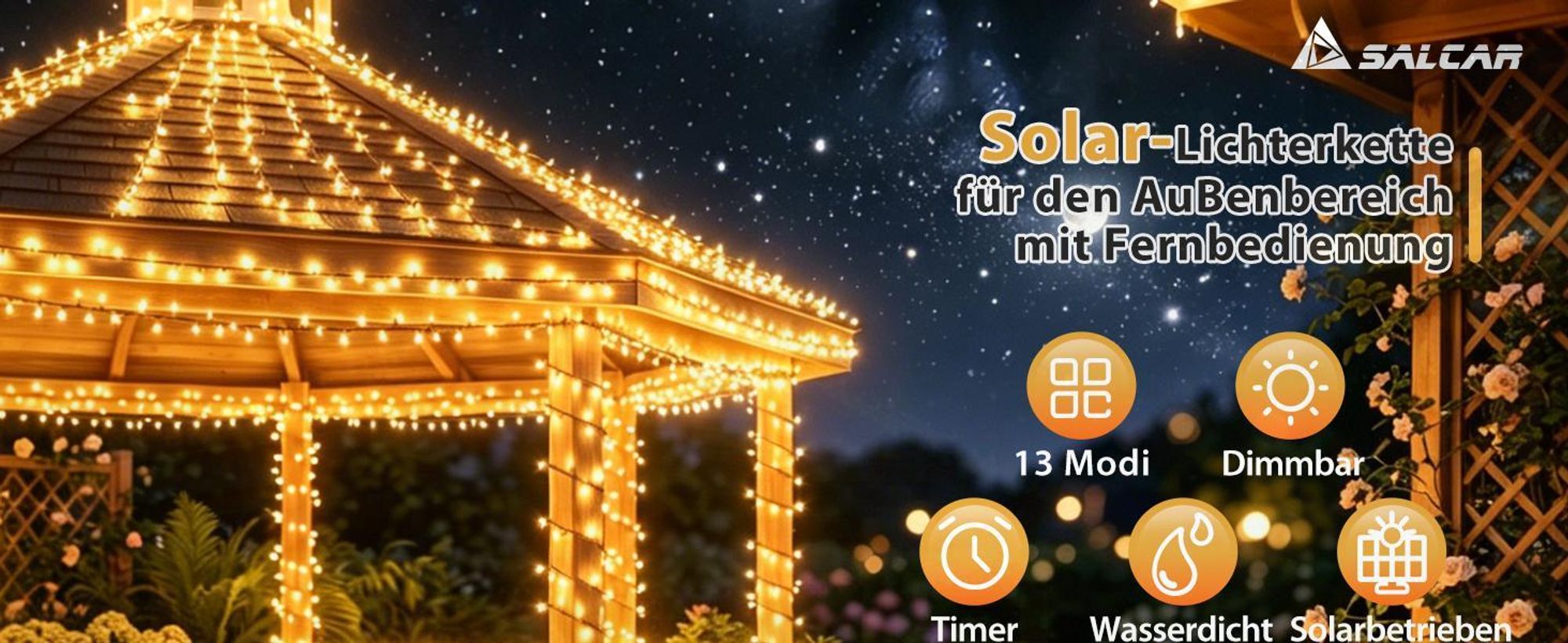 SALCAR 800 LED Solar Lichterkette Aussen 16m Cluster Lichterkette Außenmit Fernbedienung, 13 Modi Solarlichterkette Outdoor Deko