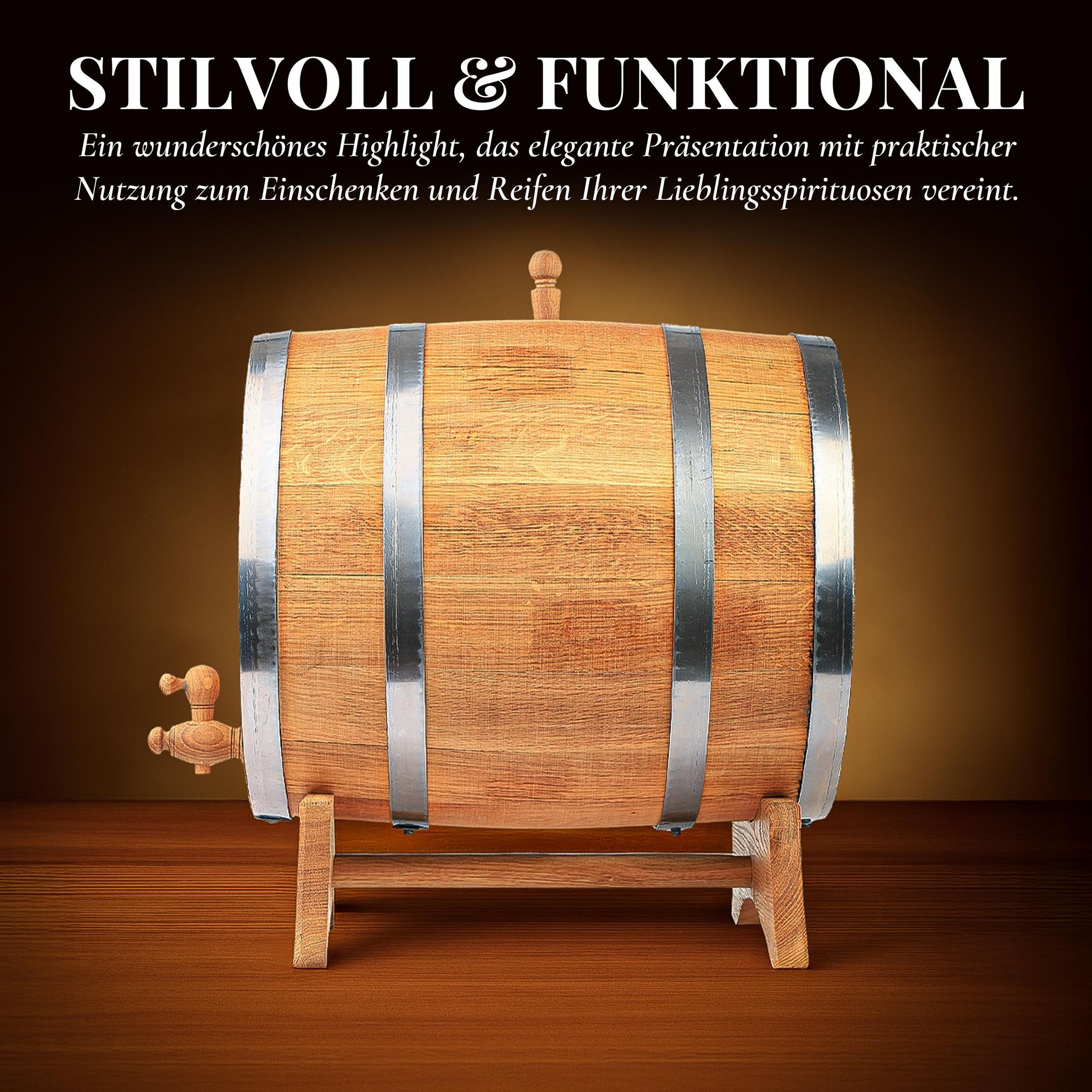 Eichenfass 50L aus Naturholz – Whiskyfass, Weinfass, Holz Fass Deko – Eiche hellbraun, mit Ständer und Zapfhahn – Geschenk für Bar & Zuhause
