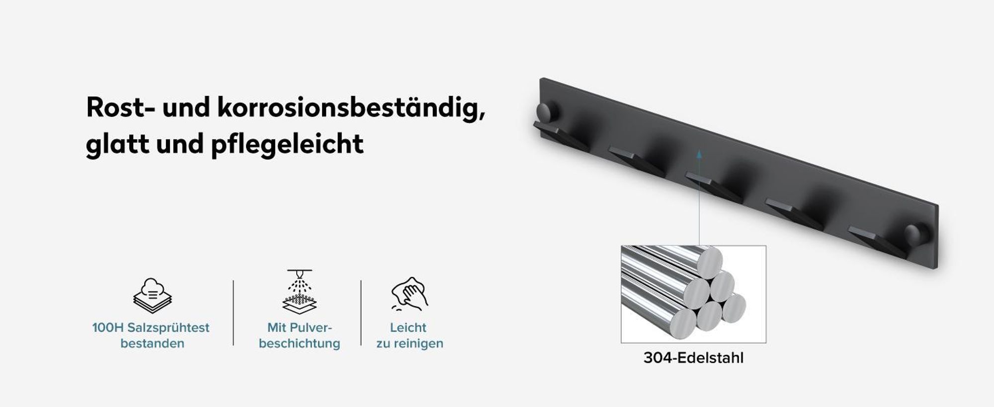 doporro Garderobenhaken Edelstahl, Kleiderhaken Wand mit 5 Haken, selbstklebend & ohne Bohren Matt schwarz für Jacken, Handtücher Stalo-03