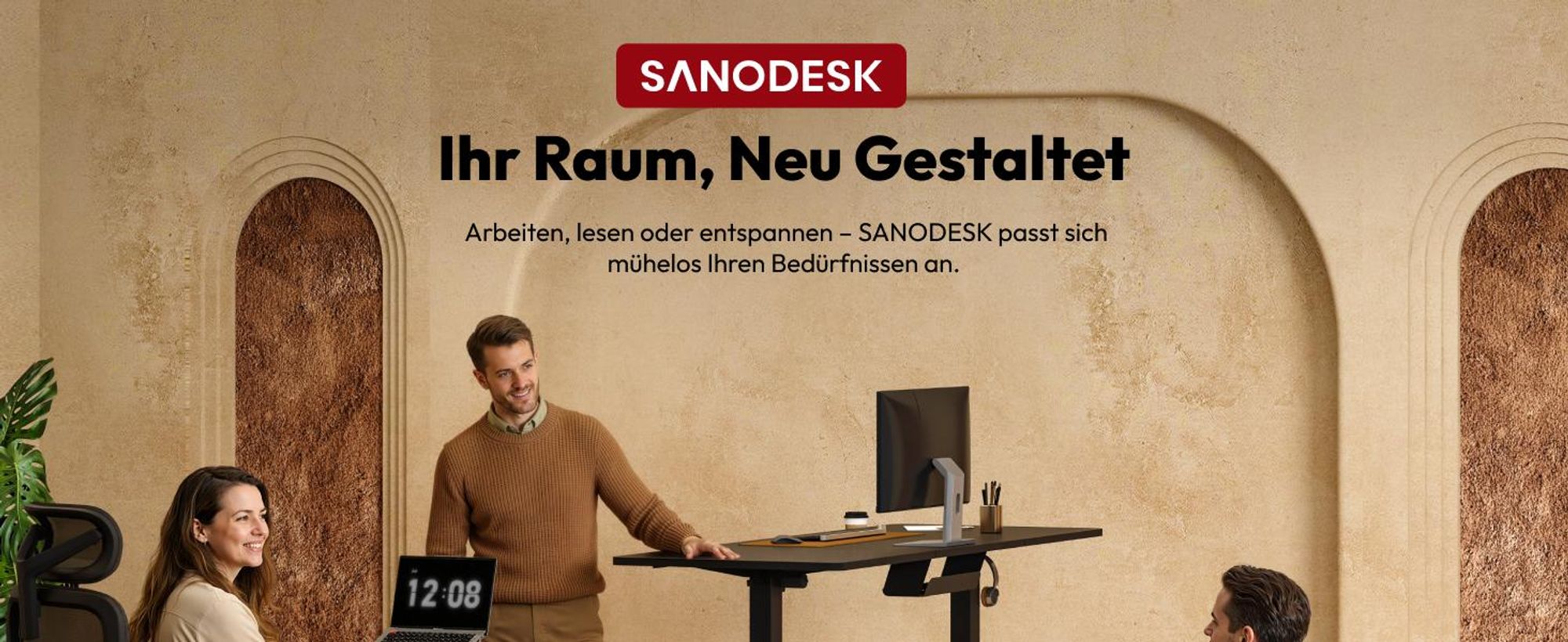 SANODESK QS1 Höhenverstellbarer Schreibtisch, EINTEILIGE TISCHPLATTE, 4 Memory-Funktion, 70 kg Tragkraft, Haken, Kabelmanagement, 110x54cm (Schwarz)