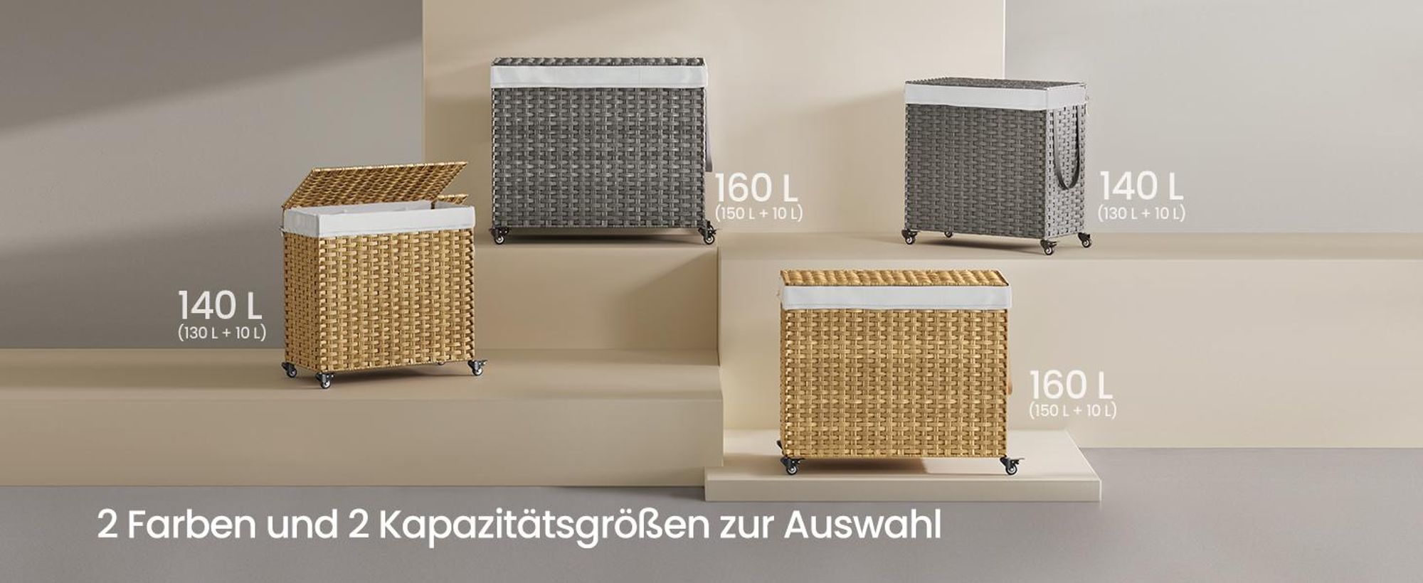 SONGMICS Wäschekorb, 160 L, mit Deckel, 3 Fächer, Wäschesack herausnehmbar