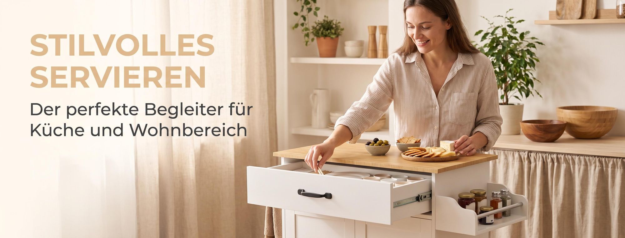 ROSEJANE Küchenwagen mit Holz-Arbeitsplatte, Servierwagen auf Rollen mit Schublade, Schrank & Gewürzregal, mobiler Küchenrollwagen, Weiß, 115 x 36 x 90 cm