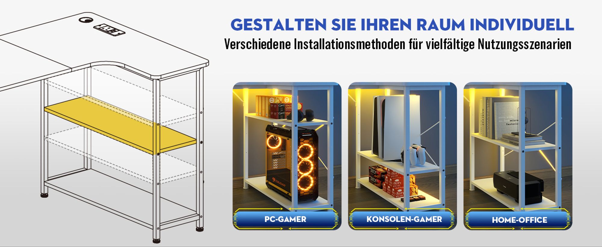 COMHOMA Schreibtisch Gaming Tisch mit Regal, Eckschreibtisch mit USB-Ladeanschluss und Steckdose, 120cm Computertisch L Form, PC Tisch für Büro, Heimb