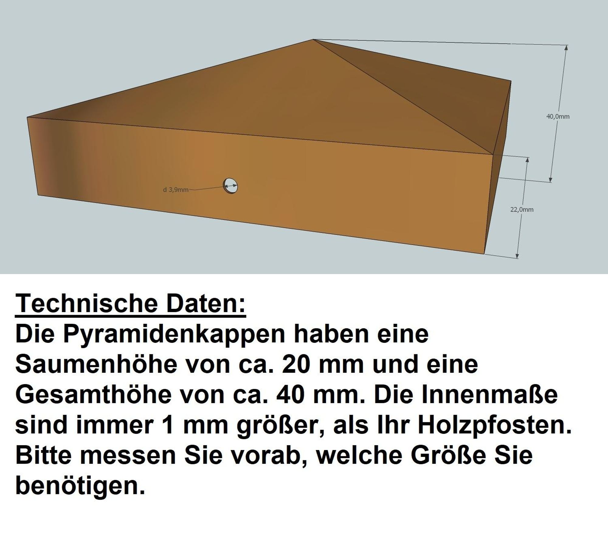 Pfostenkappe "Kupfer Optik" für Holzpfosten 10x10 cm in Pyramidenform, inkl. Edelstahl-Schrauben