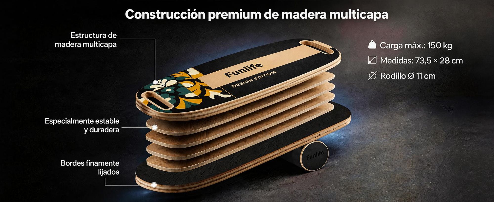 FunLife MOVE: Tabla de equilibrio de madera con rodillo – Entrenador profesional de equilibrio con sistema de equilibrio de 3 niveles, para entrenamiento del core, fitness y estabilidad, con capacidad de hasta 150 kg