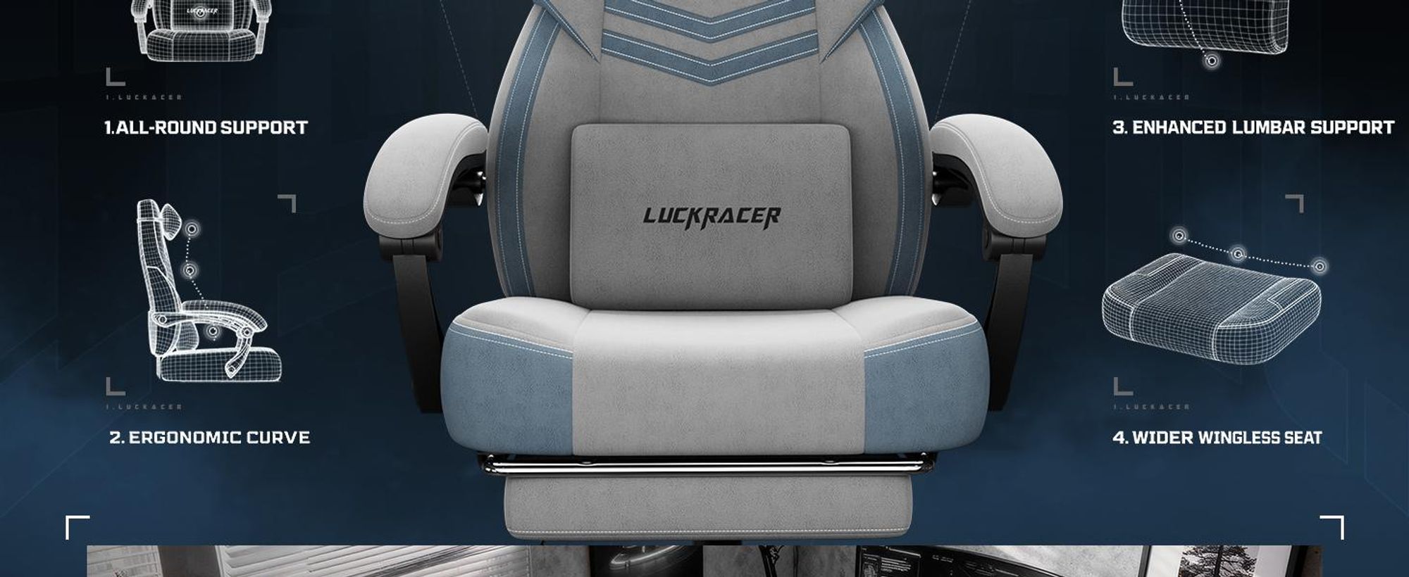 LUCKRACER Gaming stoel, bureaustoel met verbonden armleuningen, memory foam kussens, een kantelbereik van 90–155° en een voetsteun, gemaakt van duurzaam materiaal