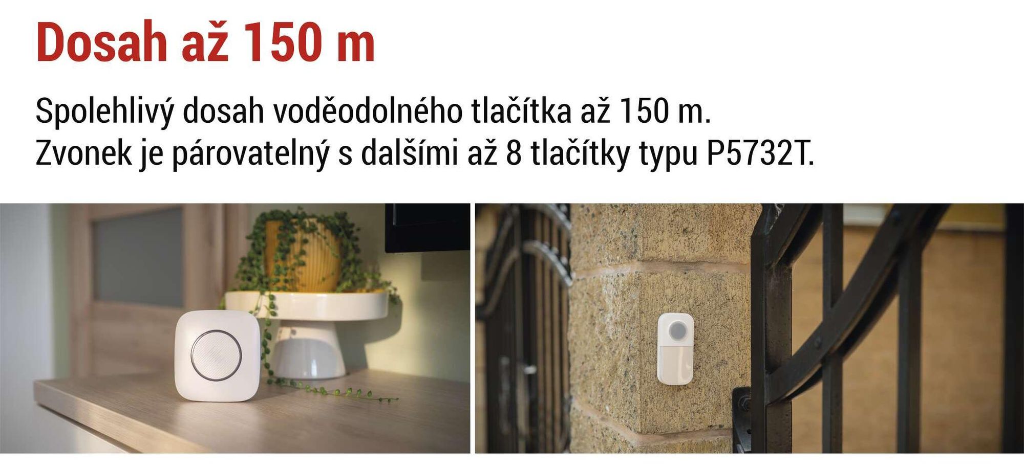 EMOS sada zvonku s vodotěsným tlačítkem, 36 melodií, barevná signalizace, dosah 150 m, 90 dB, napájení na baterie, bílá, P5736