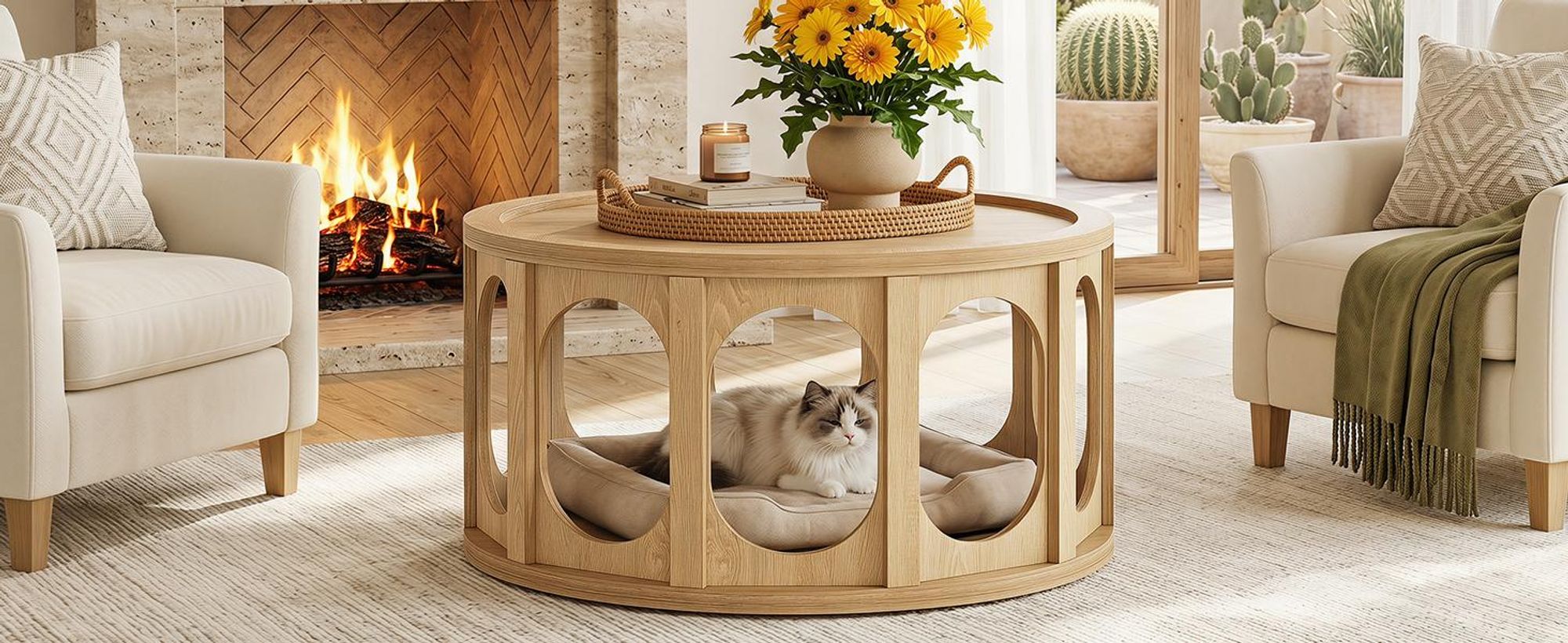 Tribesigns runder Couchtisch mit Stauraum, 2-in-1-Katzen-Couchtisch mit einzigartigem offenem Design, moderner Beistelltisch Wohnzimmer, 80 cm x 45 cm