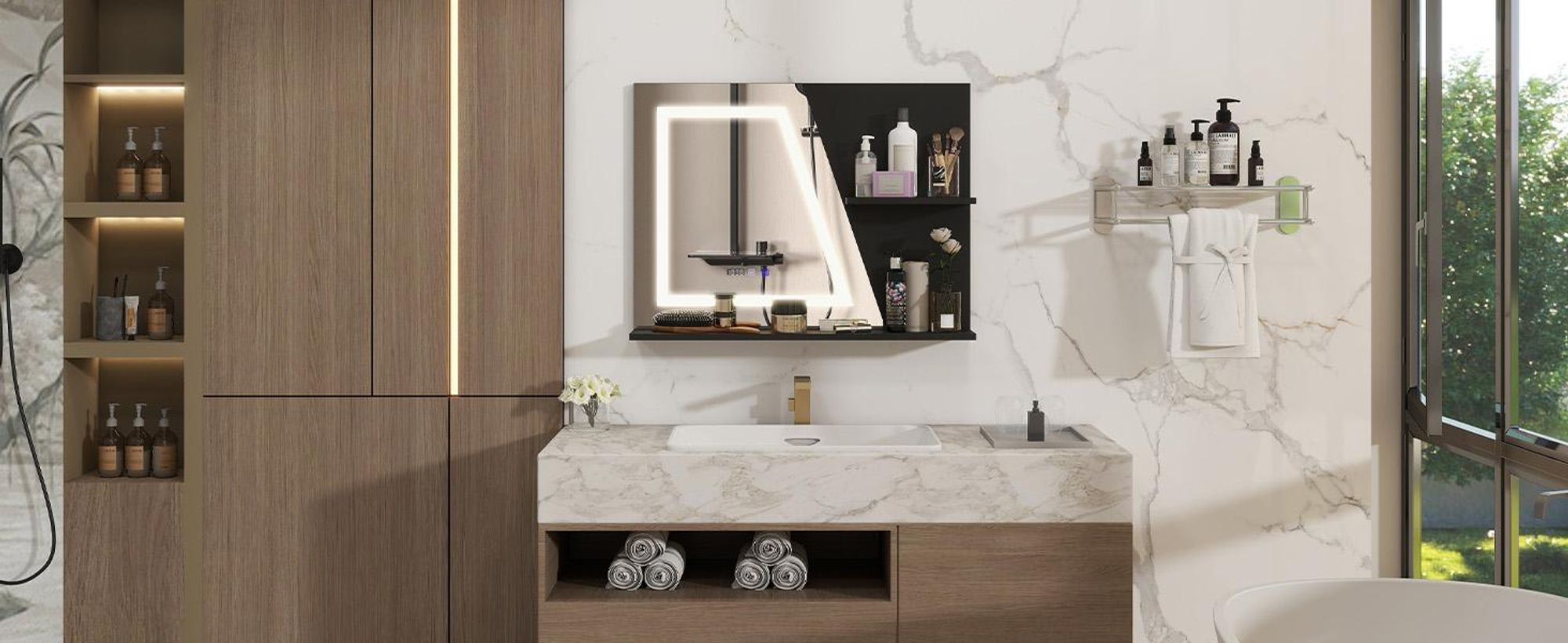 Puluomis Badspiegel 80x60, LED Badezimmerspiegel mit Doppelregal, 3 Farbtemperaturen dimmbar, Antibeschlag, Zeit und Temperaturanzeige beschlagfrei