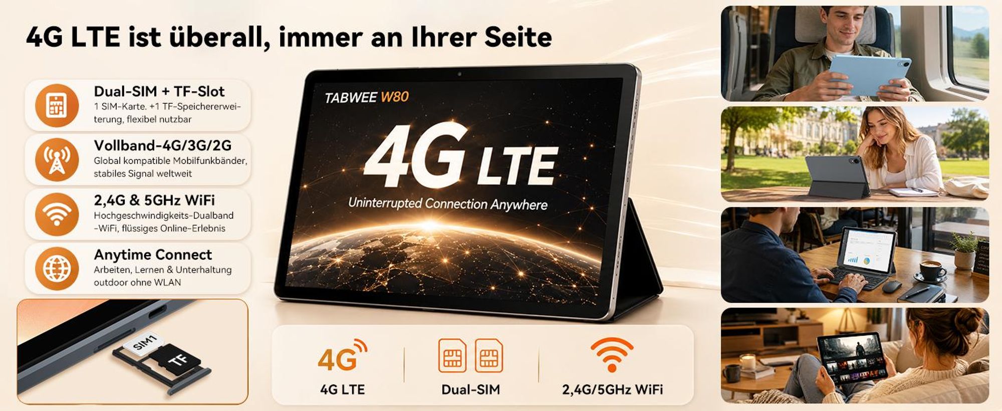 W80 10.1" 120Hz Tablet, 32+128GB/2TB, Android 16, 4G SIM+5G WIFI, Gemini AI 4.0, Widevine L1, 6000mAh, OTG, mit Tastatur/Maus/Stift/Schutzhülle Set