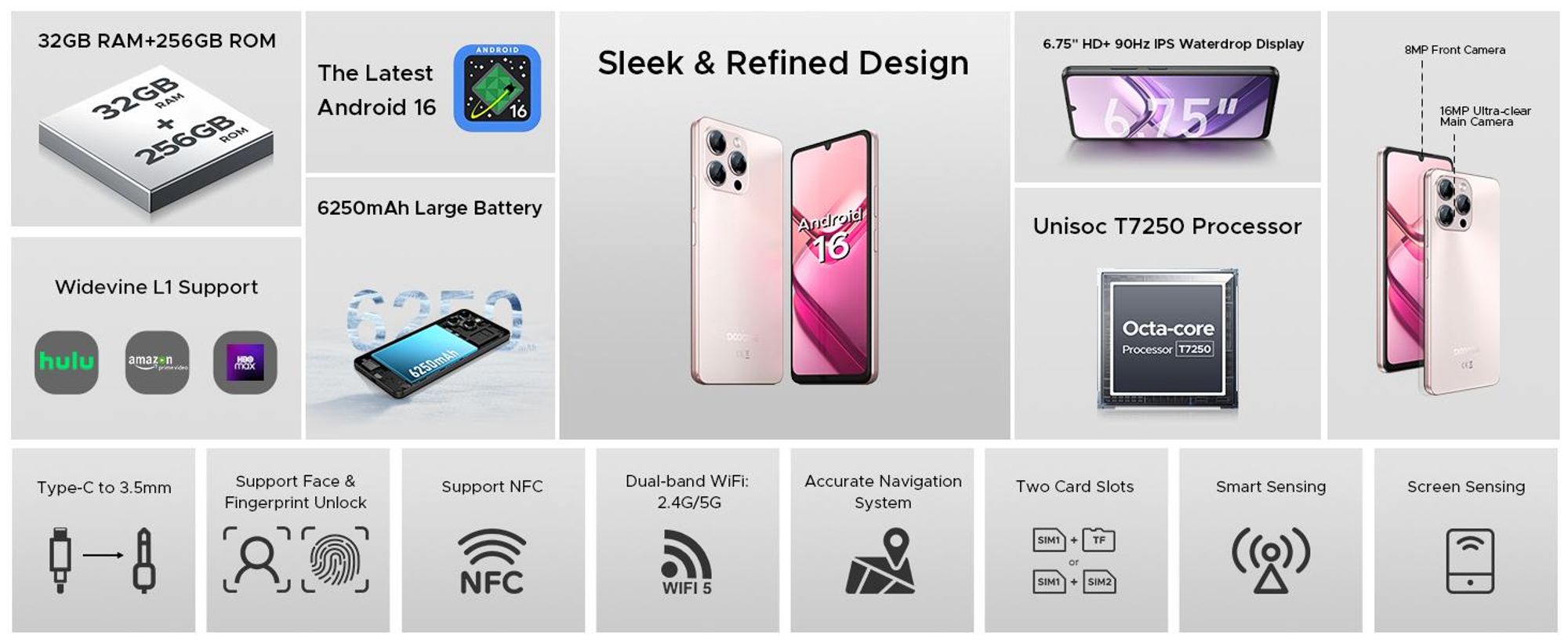 DOOGEE Note58 Pro, smartphone, Android 16, 6,75" displej s obnovovací frekvencí 90 Hz, baterie 6250 mAh, 32 GB RAM + 256 GB interní paměť, 4G, 16 MP fotoaparát, NFC, čtečka otisků prstů, bez smlouvy
