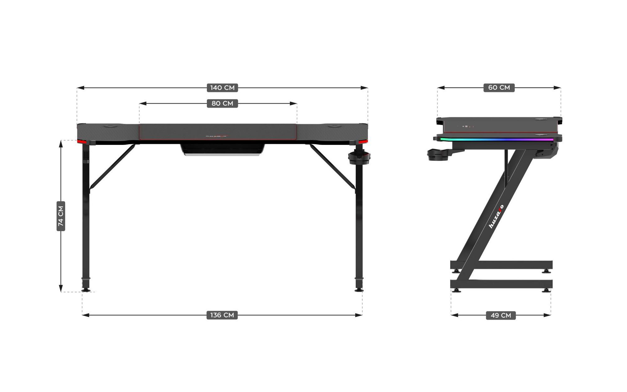 huzaro Hero 3.3 RGB | LED Gaming PC Tisch Schreibtisch | Inklusive Mauspad | Kopfhörerhaken Getränkehalter | Kabelorganisator | 140x60cm | Schwarz