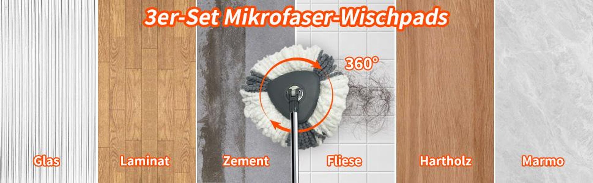 Wischmopp Set, Bodenwischer, Wischmop mit 360° Drehkopf Edelstahl-Teleskopstiel, 3 waschbaren Mikrofaser-Pads faltbarem Putzeimer mit Auswringfunktion