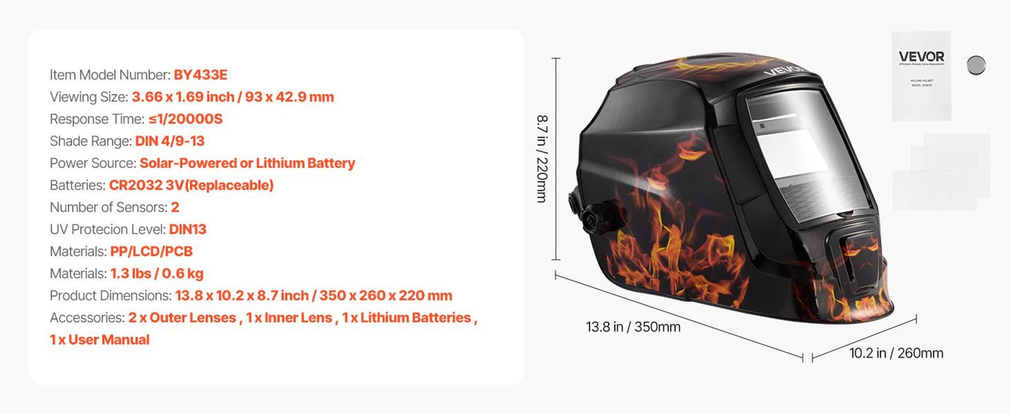 VEVOR Schweißhelm mit automatischer Abdunkelung, 100 x 59,4 mm True Color Schweißhaube, solarbetriebene Schweißmaske mit 4 Lichtbogensensoren, breiter Schutzbereich 4/5-9/9-13 für TIG MIG ARC Schweißen Schleifen Schneiden - METIS Serie, 93x43 mm-a, Gelbe Flamme
