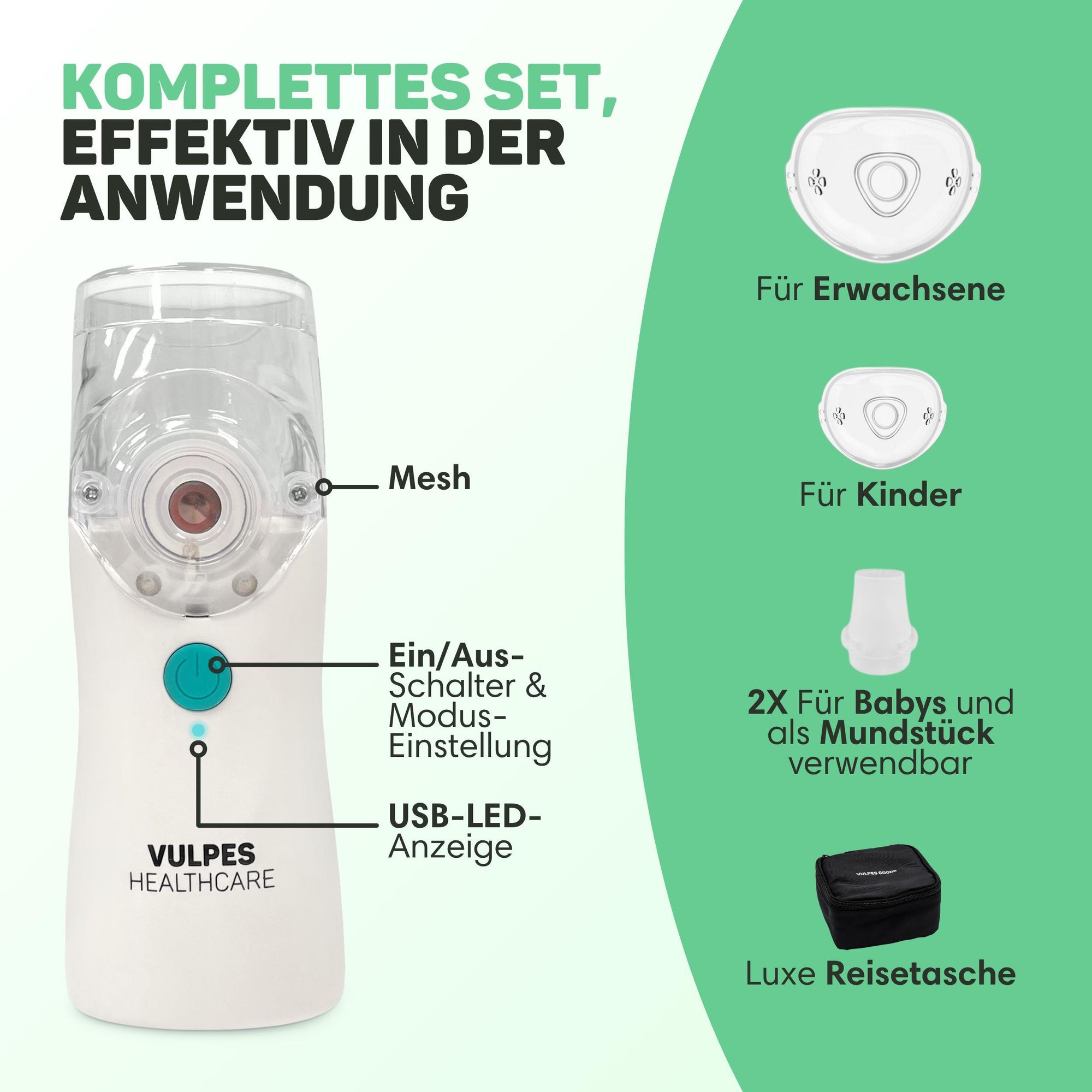 Vulpes Goods Tragbarer Inhalator-Vernebler, wiederaufladbarer leiser Vernebler, tragbare Mini-Inhalatoren, tragbarer Luftbefeuchter für Atemprobleme bei Kindern und Erwachsenen, Inkl. 3 Mundstücke und Reisetasche