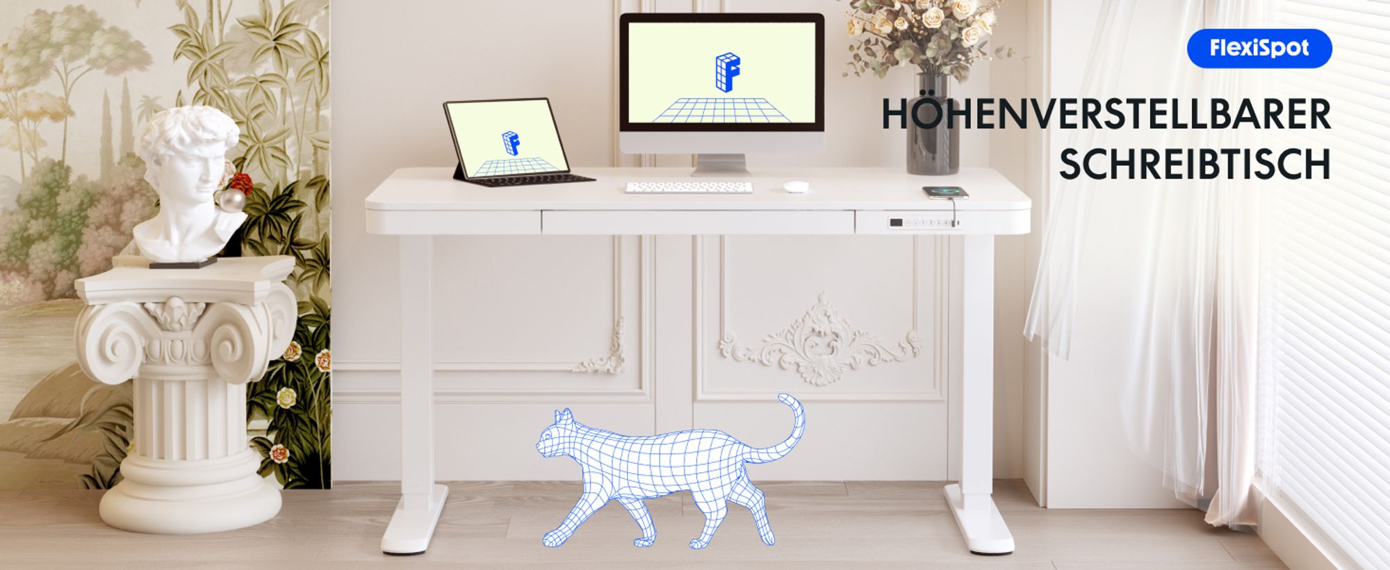 FLEXISPOT Q3 Höhenverstellbarer Schreibtisch Elektrisch mit Schublade, USB-C, 4 Speicherplätzen, Antikollisionsschutz, LED-Display 120x60cm (Weiß)