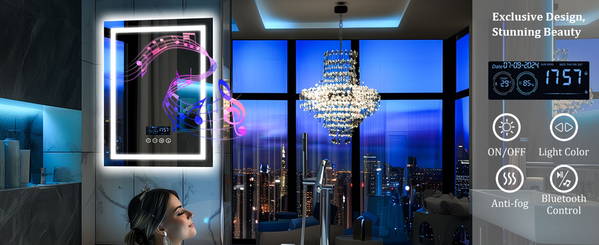 WISFOR LED Badspiegel mit Bluetooth Lautsprecher, 70×90cm Badezimmerspiegel mit Beleuchtung 3 Lichtfarbe, LED Wandspiegel dimmbar beschlagfrei