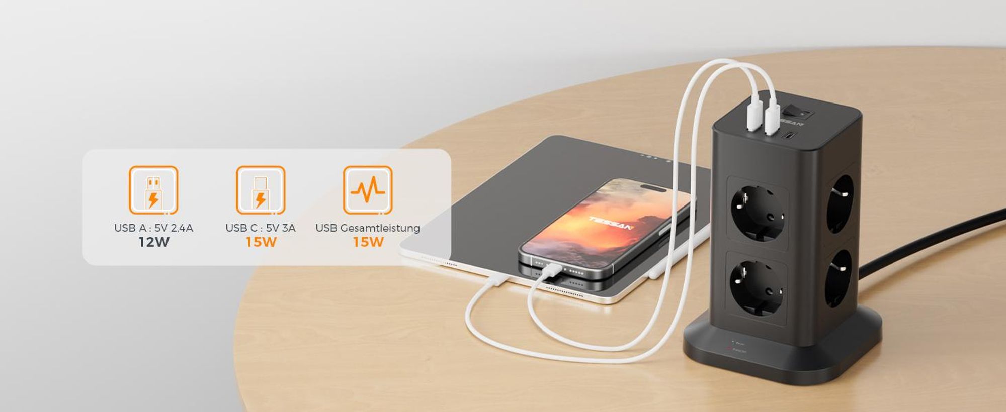 Mit 2 USB A und 1 USB C