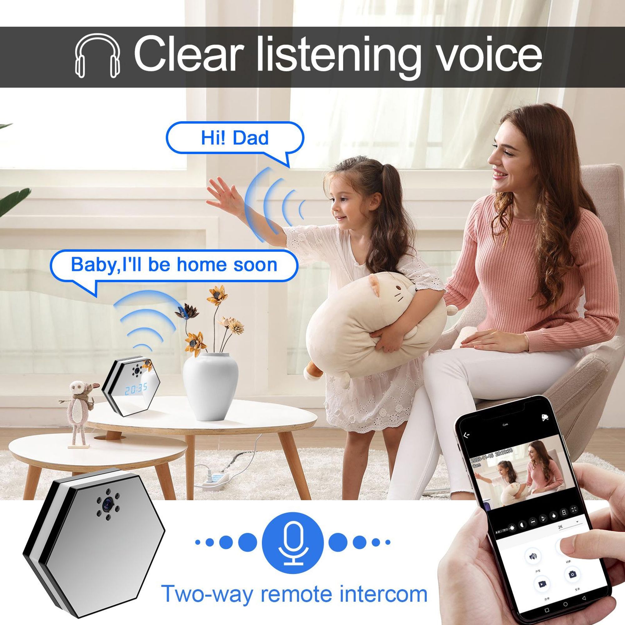 4K HD WiFi Mini Camera Electronic Clock Take Photo Two Way Audio Infrared Night Vision Indoor Security Protection Survalance Cam