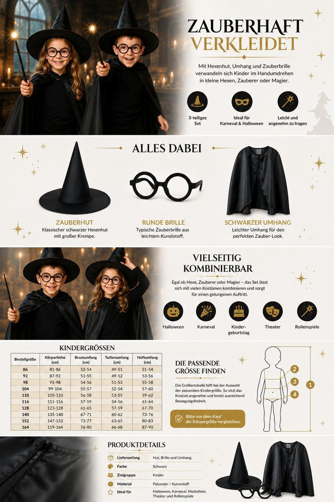 Zauberer Kostüm Set – Magier Umhang mit Hut & Brille in Schwarz (98)