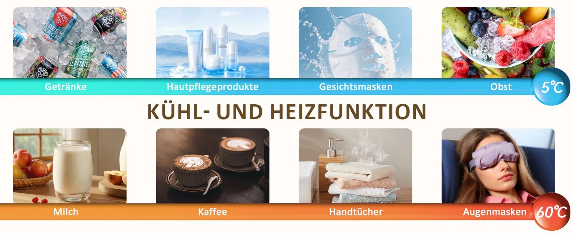 Puluomis Mini Kühlschrank 4L, 2 in 1 Warm- und Kühlbox tragbar Ultra-Leiser Auto Kühlbox (<30dB) 12V/220V /230V AC/DC für Getränkedosen, Snacks Beige