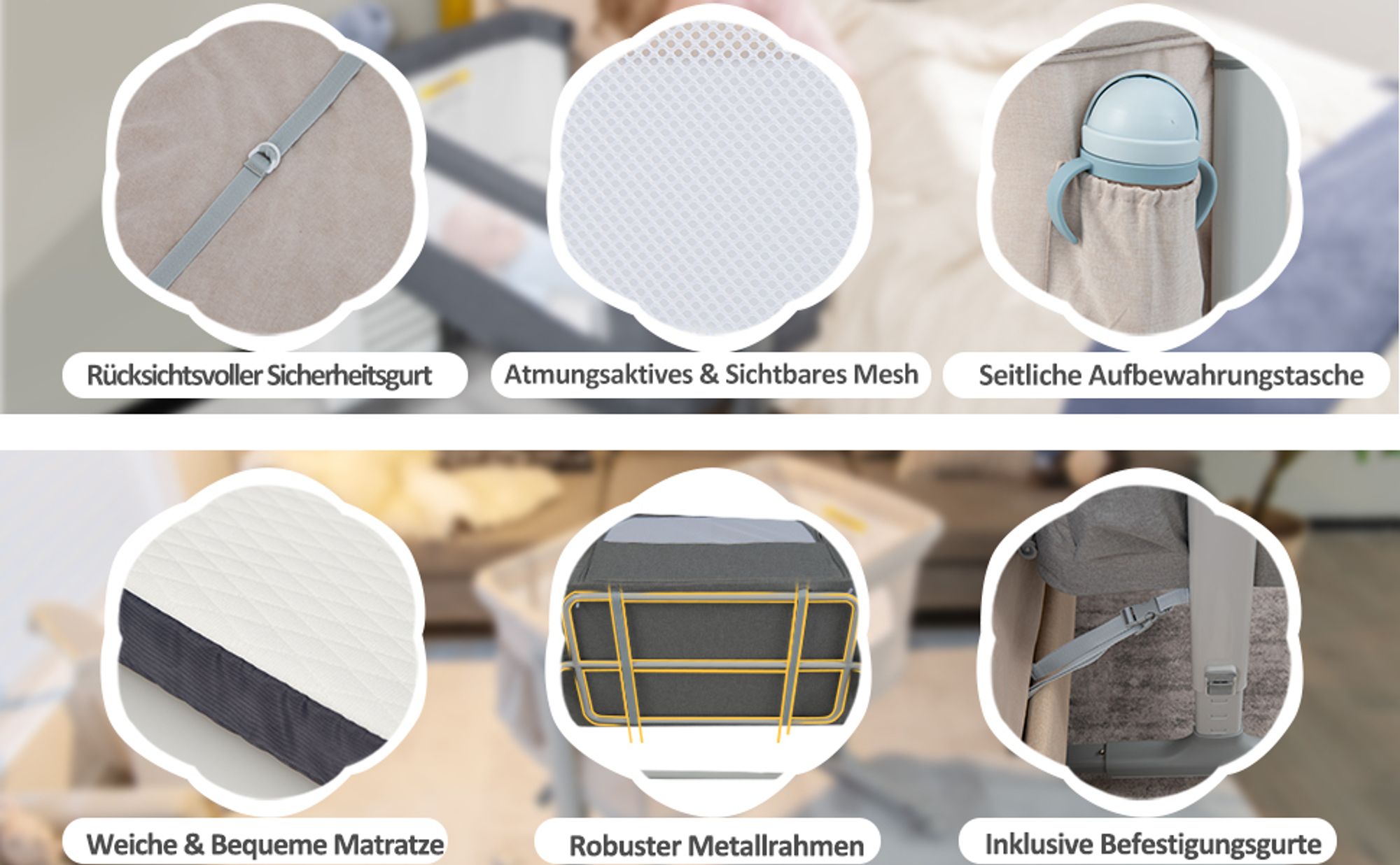 2 in 1 Beistellbett & Babywiege, 5-stufig Höhenverstellbar Babybett mit Matratze, Zustellbett Kinder ab Geburt bis 9 kg, 10° Neigung Reisebett Baby mit Rollen (Grau)