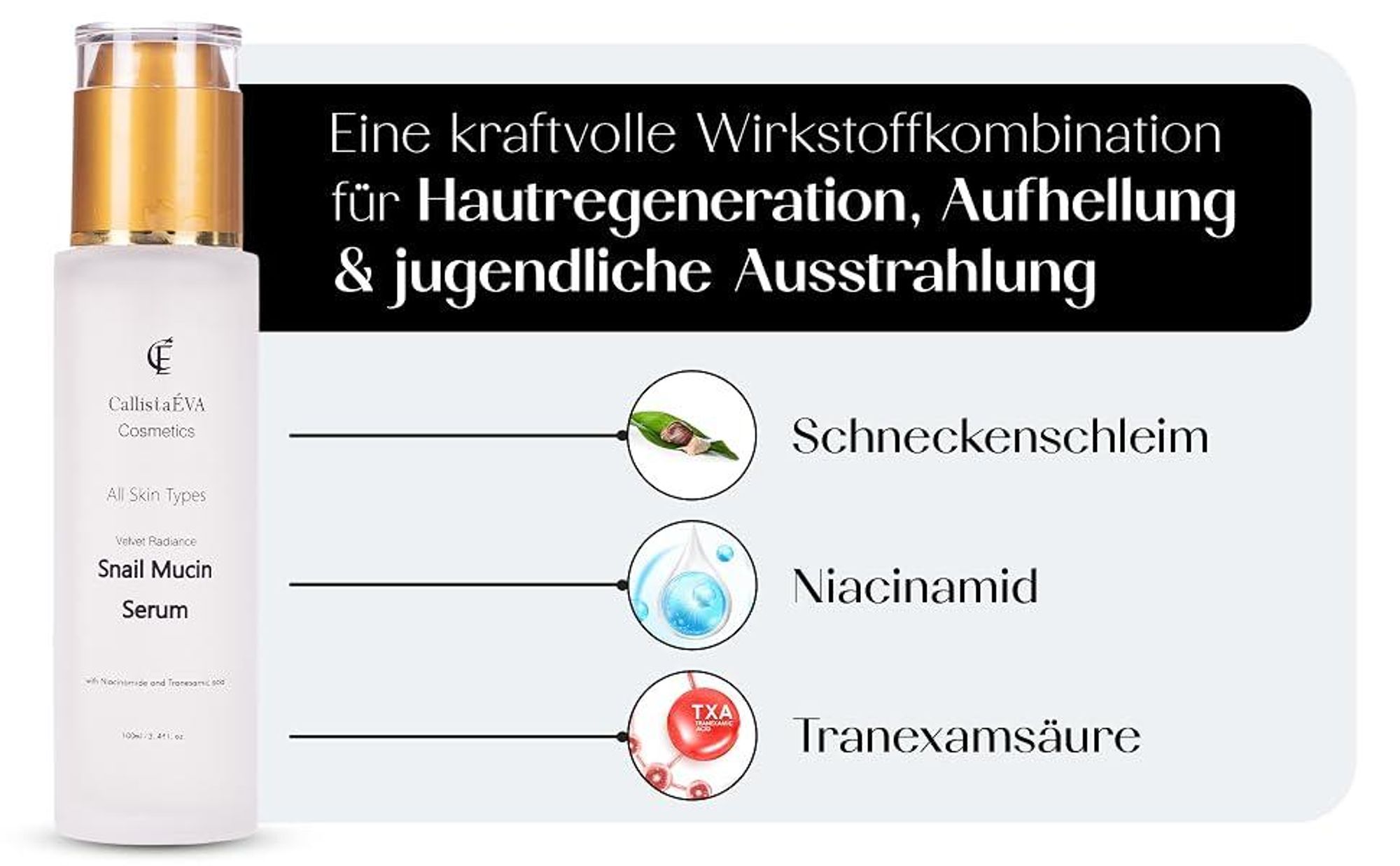 CallistaÉVA Schneckenschleim Gesichtsserum mit Niacinamid & Tranexamsäure – Feuchtigkeitsspendendes Anti-Aging Serum für strahlende Haut – 100ml