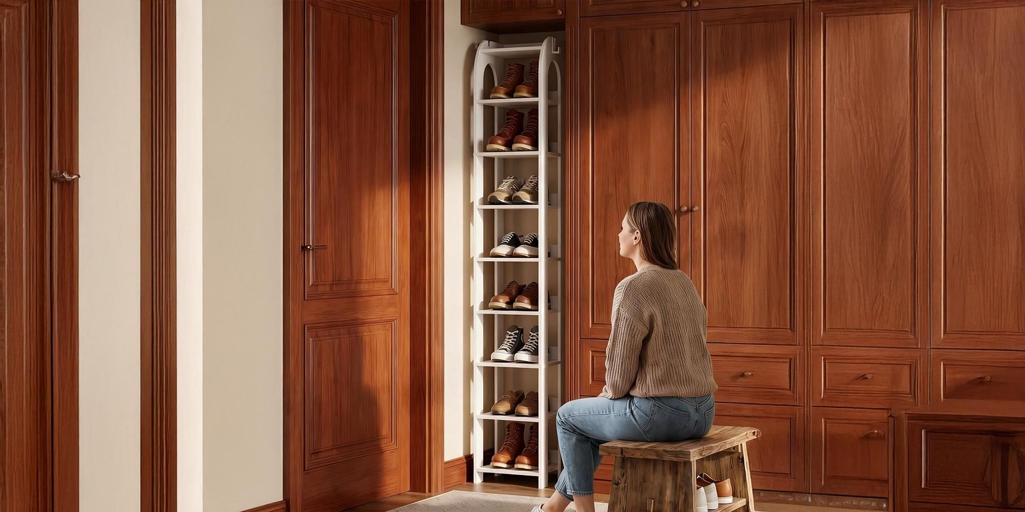 Vertikales Schuhregal, 9 Ebenen, mit Haken, 25B cm, Weiß | Holz-Schuh-Organizer für Schrank, Eingang, Schuhturm für Kleine Räume, Freistehend